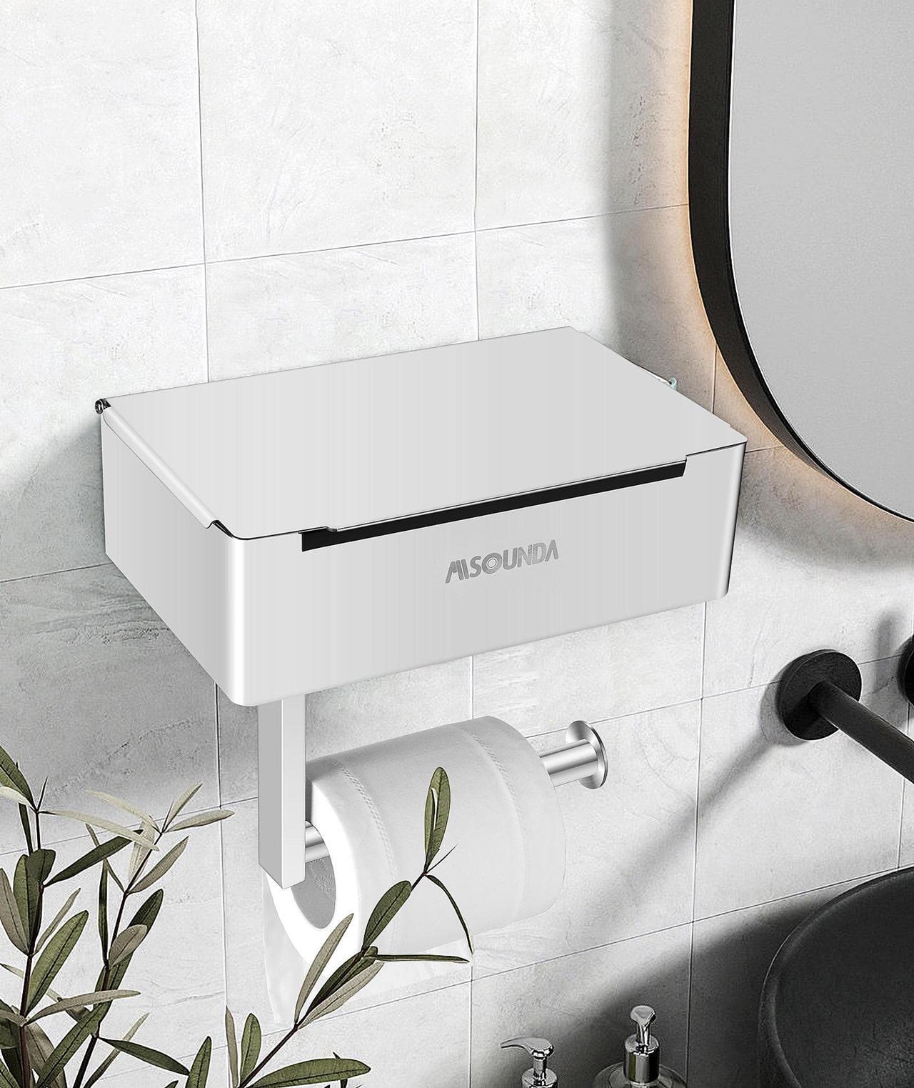 Alt view image 6 of 7 - Misounda Toilet Paper Holder Without Drilling with Wet Wipes Box Flushable Wet Wipe Dispenser Stainless Steel Toilet Paper Holder with Shelf Self-Adhesive or Wall Mounting Bathroom Toilet
