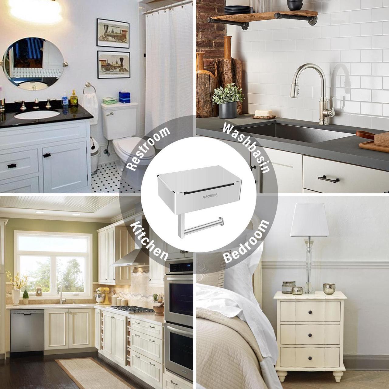 Alt view image 3 of 7 - Misounda Toilet Paper Holder Without Drilling with Wet Wipes Box Flushable Wet Wipe Dispenser Stainless Steel Toilet Paper Holder with Shelf Self-Adhesive or Wall Mounting Bathroom Toilet