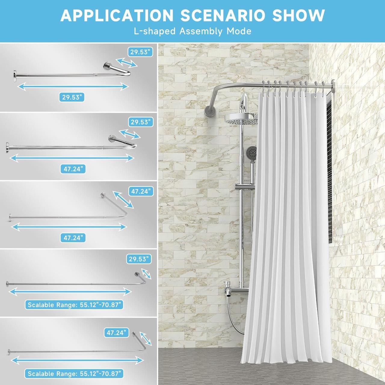 Alt view image 4 of 7 - Misounda Shower Curtain Rod Can Be Assembled (L-Shaped Or U-Shaped) Bathroom Shower Rod, 29.5x(59-74.8)Inch L-Shaped Corner Shower  Rod Is Suitable For Bathrooms, Shower Rooms, And Dressing Rooms.