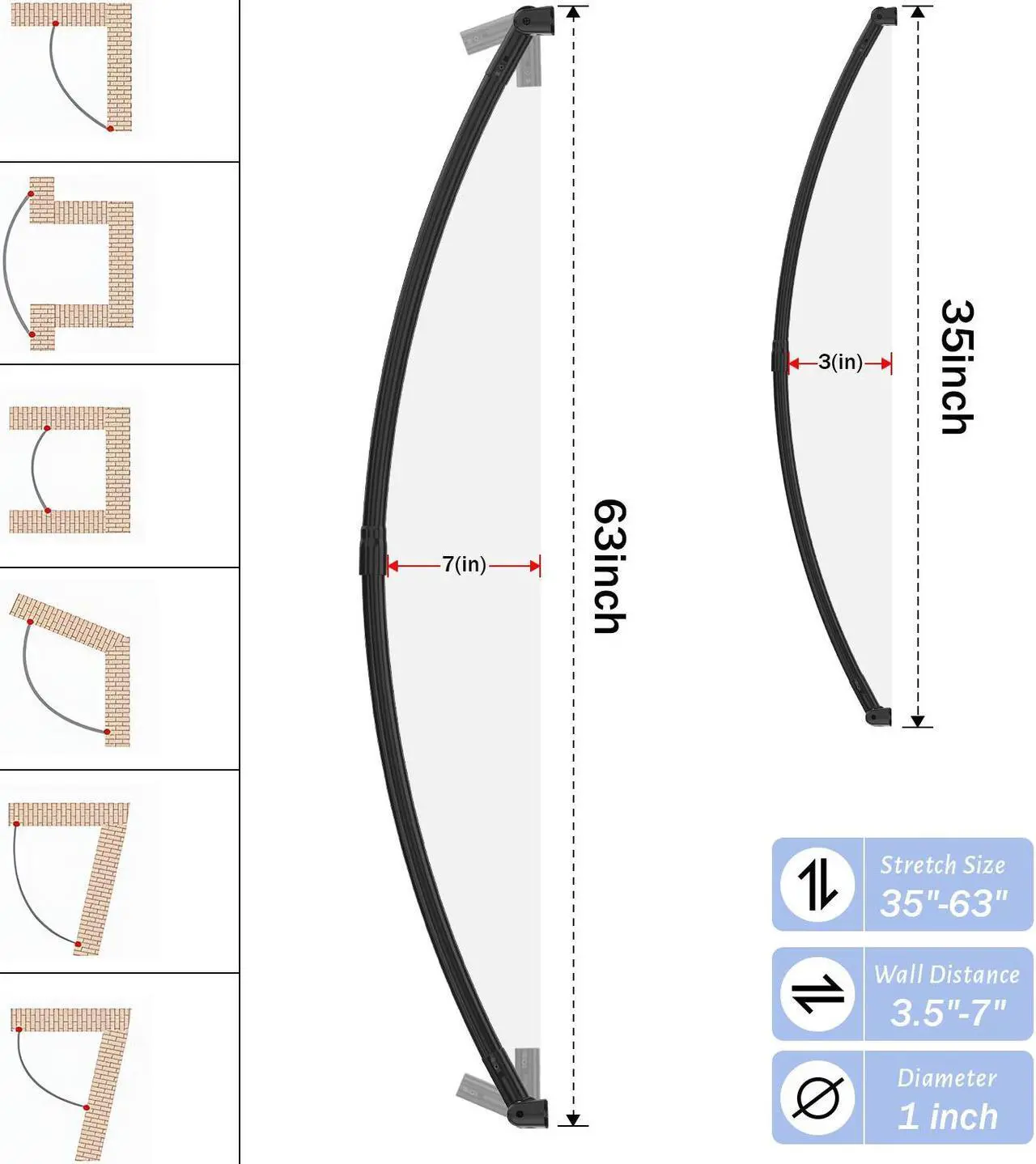 Alt view image 2 of 7 - Curved Shower Curtain Rod, Adjustable Stainless Steel Telescopic Shower Rod for Bathroom, Bathtub, Cloakroom, Dressing Room Etc. ( 35-63 inch ) Black