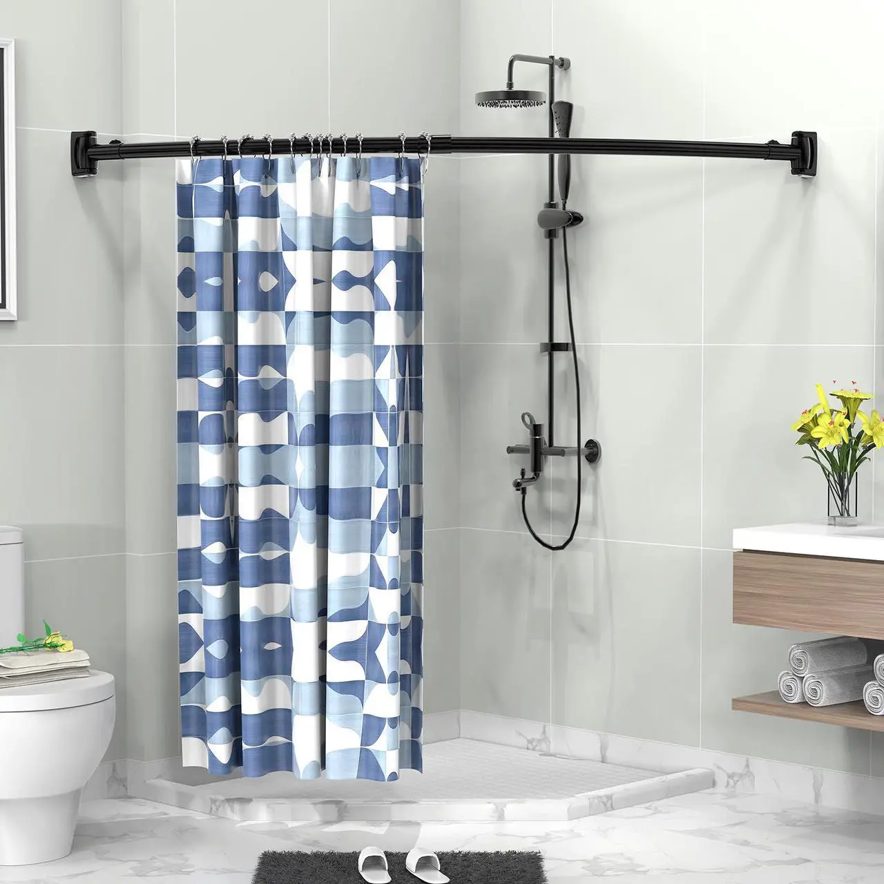 Alt view image 4 of 7 - Curved Shower Curtain Rod, Adjustable Stainless Steel Telescopic Shower Rod for Bathroom, Bathtub, Cloakroom, Dressing Room Etc. ( 35-63 inch ) Black