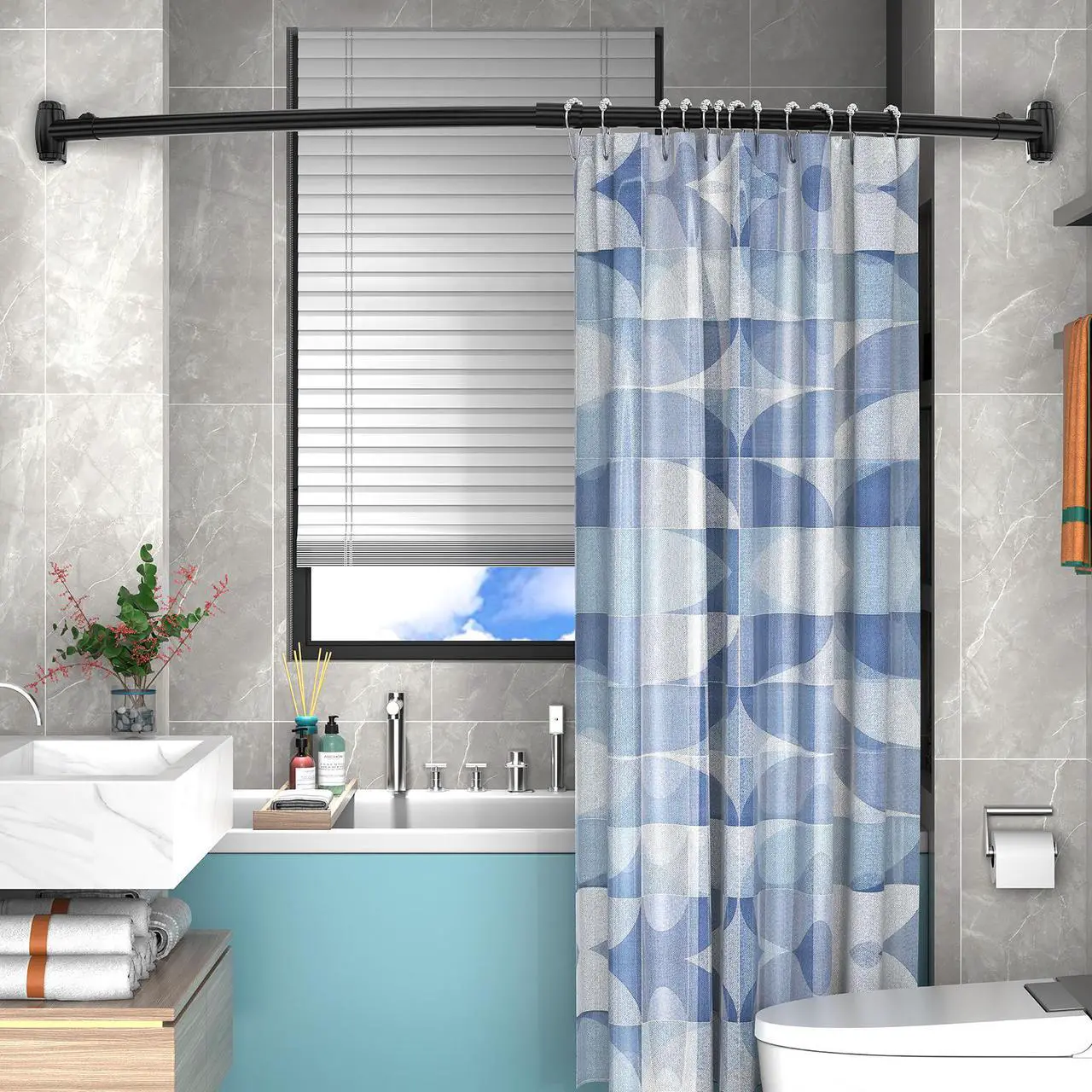 Alt view image 5 of 7 - Curved Shower Curtain Rod, Adjustable Stainless Steel Telescopic Shower Rod for Bathroom, Bathtub, Cloakroom, Dressing Room Etc. ( 35-63 inch ) Black