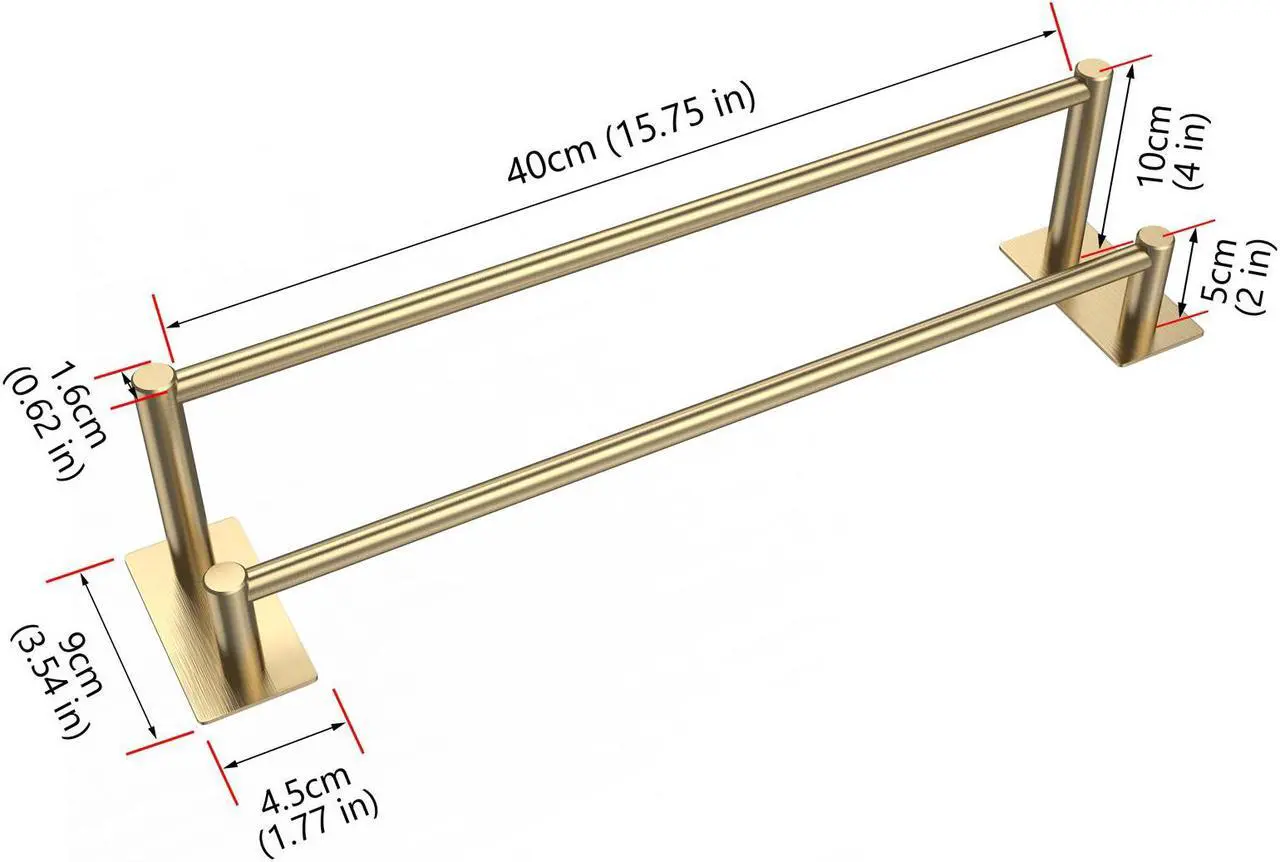 Alt view image 2 of 7 - Double Bath Towel Bar, 15.75 inch Towel Racks for Bathroom & Kitchen, Wall Mounted Brushed Stainless Steel Hand Towel Holder Rust/Scratch Resistant No Drilling - Self Adhesive Gold