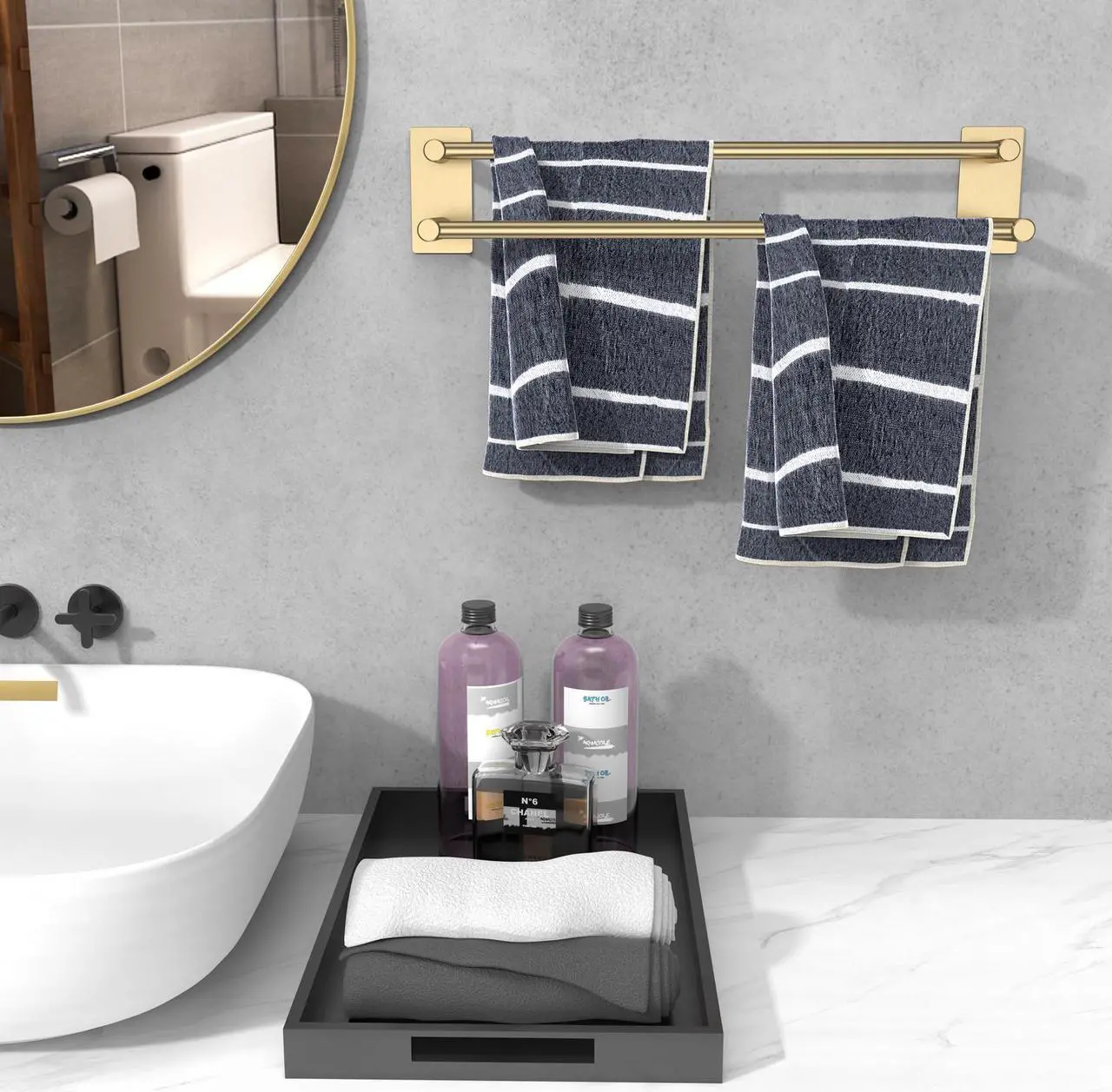 Alt view image 3 of 7 - Double Bath Towel Bar, 15.75 inch Towel Racks for Bathroom & Kitchen, Wall Mounted Brushed Stainless Steel Hand Towel Holder Rust/Scratch Resistant No Drilling - Self Adhesive Gold