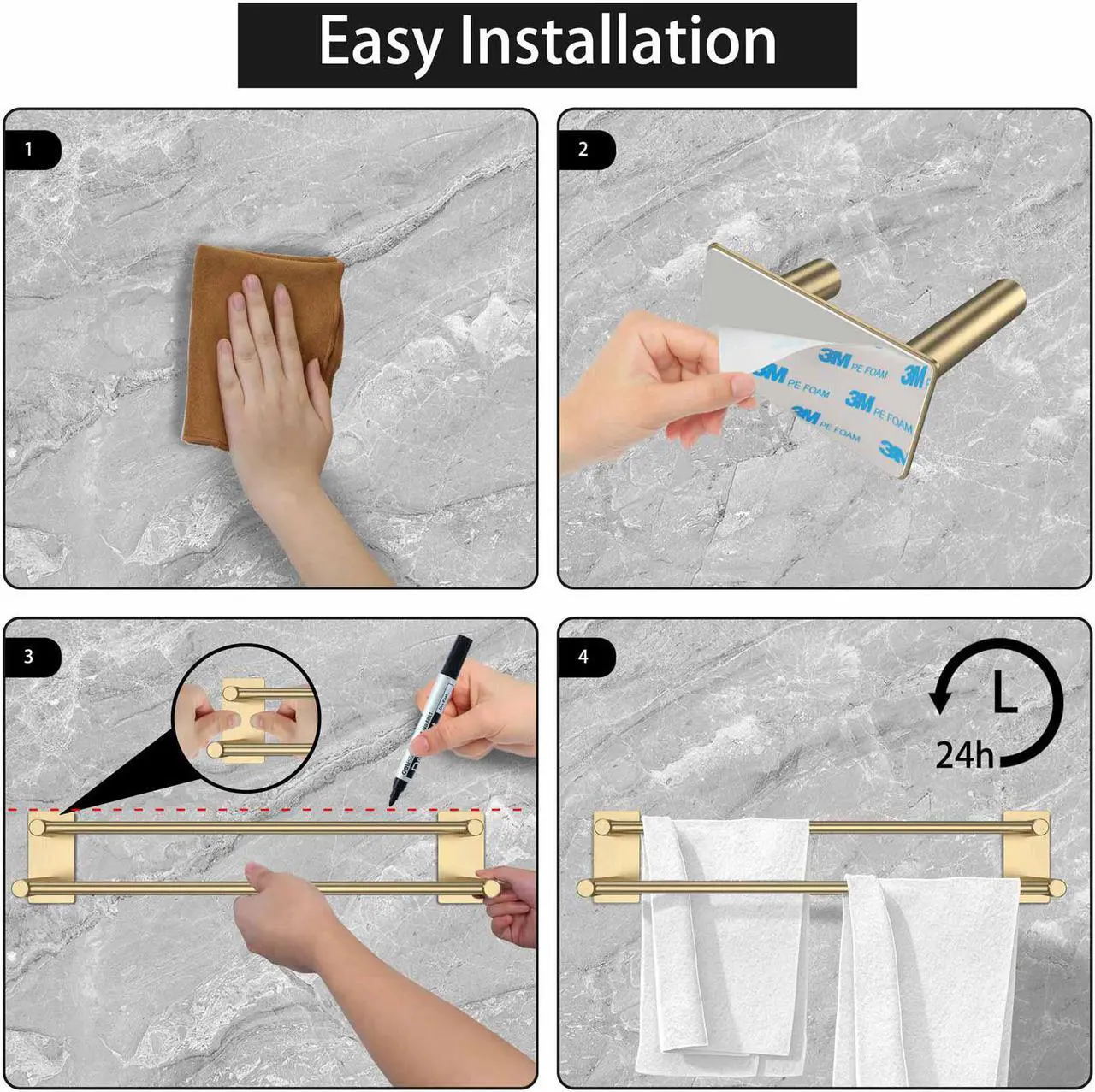 Alt view image 7 of 7 - Double Bath Towel Bar, 15.75 inch Towel Racks for Bathroom & Kitchen, Wall Mounted Brushed Stainless Steel Hand Towel Holder Rust/Scratch Resistant No Drilling - Self Adhesive Gold