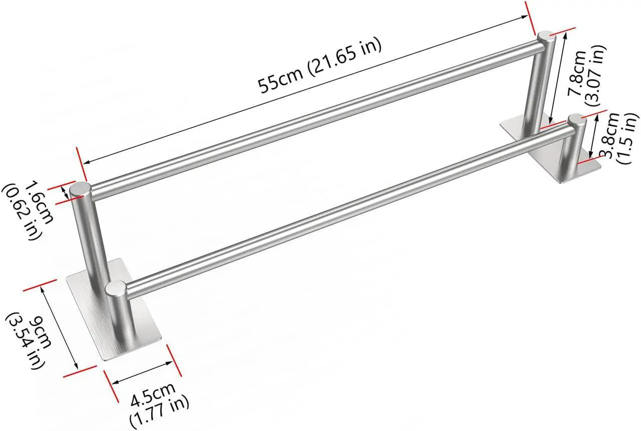 Alt view image 2 of 7 - Towel Racks for Bathroom, 21.65 inch Silver Double Bath Towel Bar, Wall Mounted SUS304 Brushed Stainless Steel Hand Towel Holder Rust/Scratch Resistant Towel Bars No Drilling - Self Adhesive