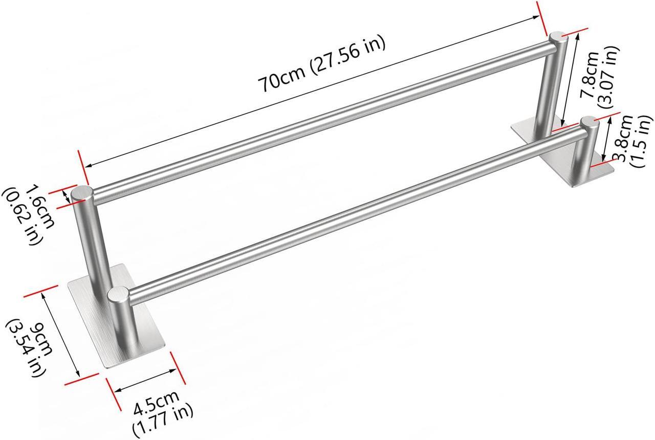 Alt view image 2 of 7 - Towel Bar Double Towel Rack for Kitchen/Bathroom Wall Mounted SUS304 Brushed Stainless Steel Hand Towel Holder Rust/Scratch Resistant No Drilling - Self Adhesive - 27.56 inch, Silver