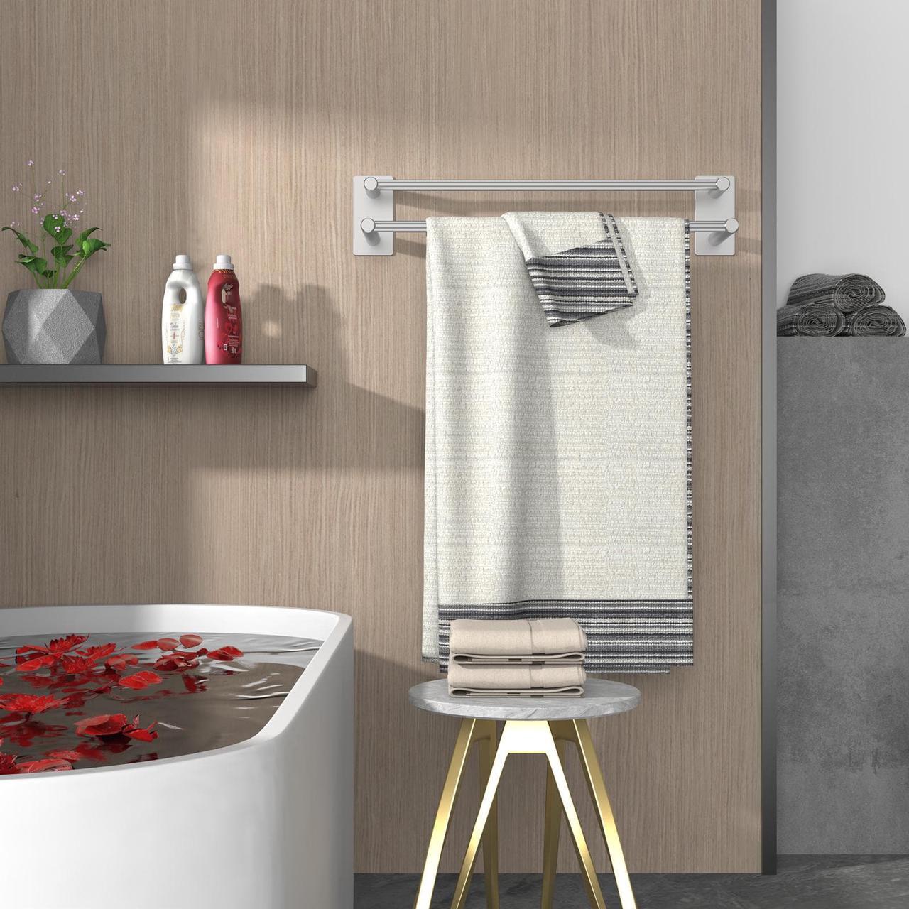 Alt view image 3 of 7 - Towel Bar Double Towel Rack for Kitchen/Bathroom Wall Mounted SUS304 Brushed Stainless Steel Hand Towel Holder Rust/Scratch Resistant No Drilling - Self Adhesive - 27.56 inch, Silver