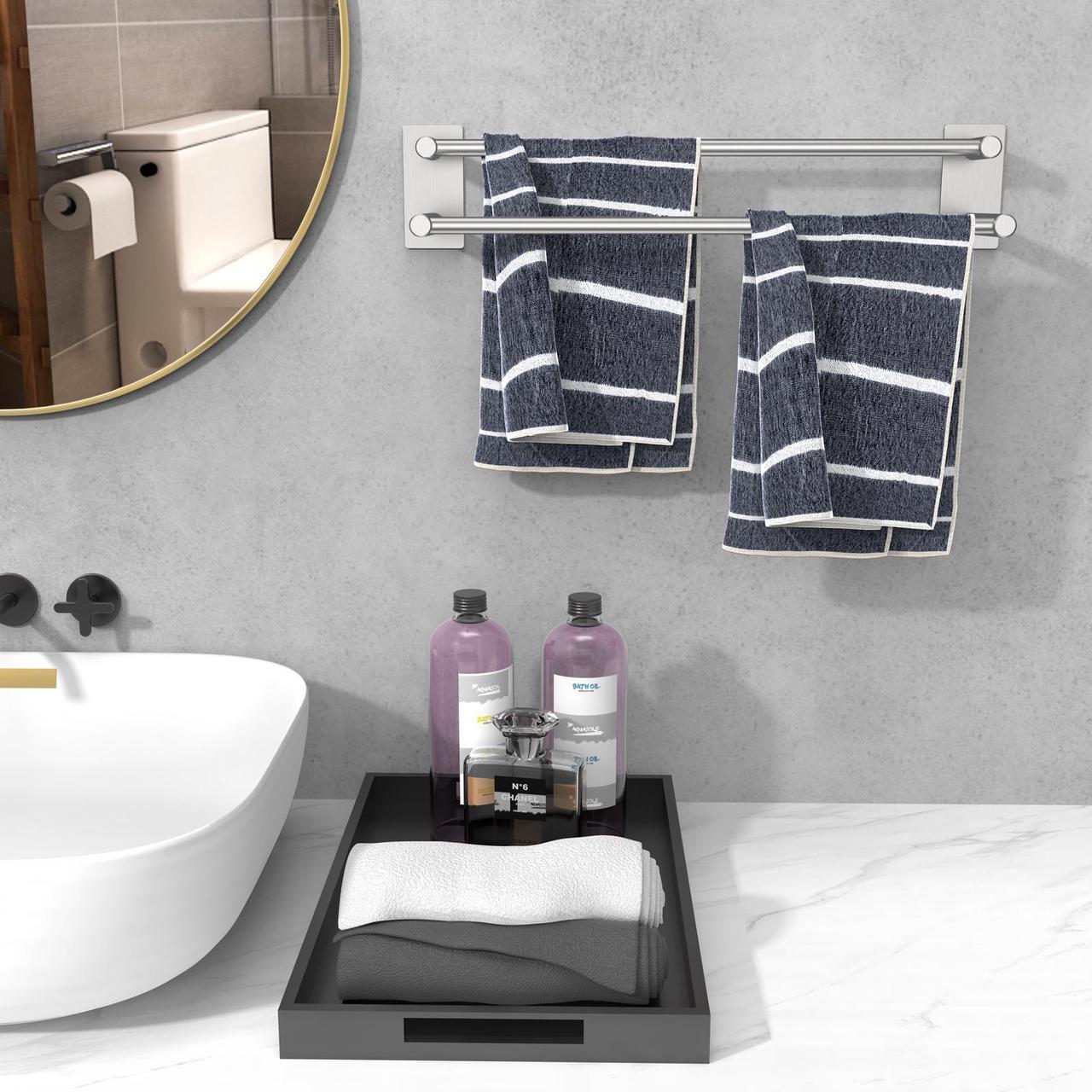 Alt view image 4 of 7 - Towel Bar Double Towel Rack for Kitchen/Bathroom Wall Mounted SUS304 Brushed Stainless Steel Hand Towel Holder Rust/Scratch Resistant No Drilling - Self Adhesive - 27.56 inch, Silver