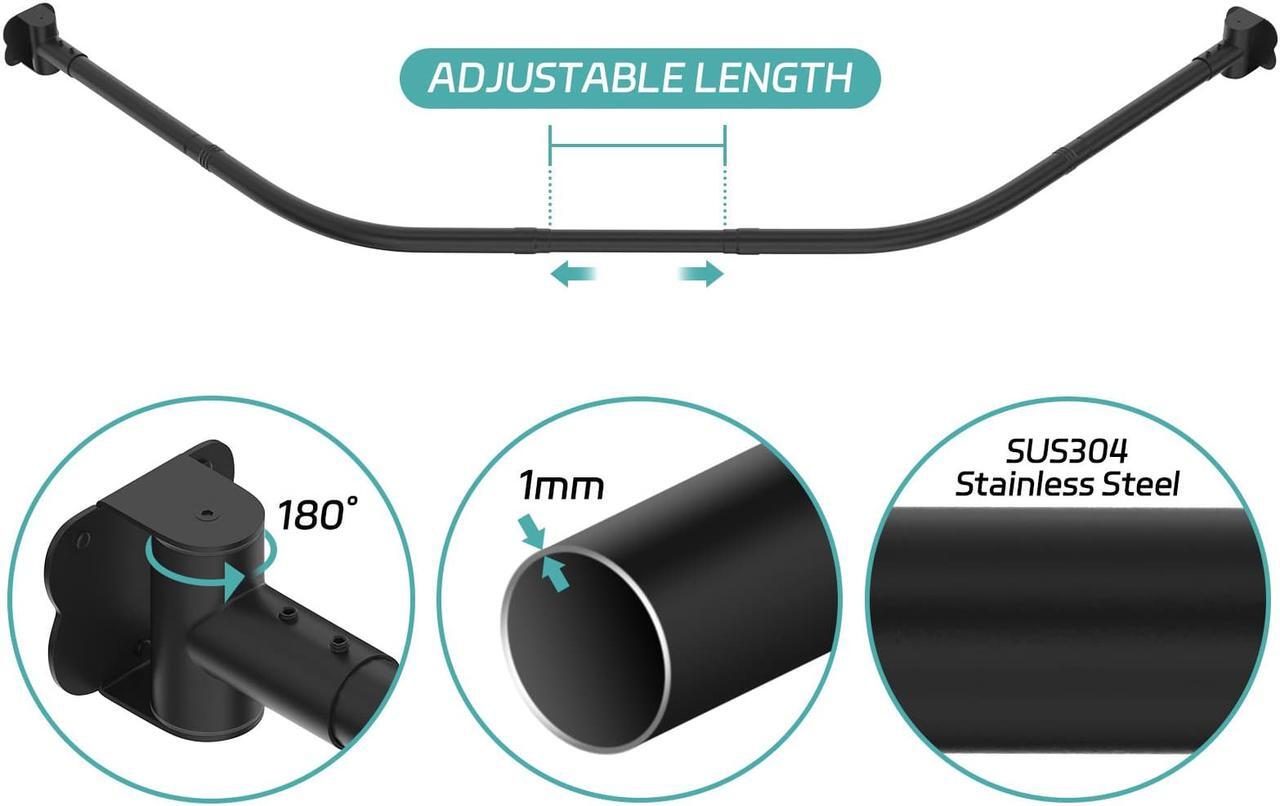Alt view image 4 of 7 - Misounda Corner Curved Shower Curtain Rod Rustproof Expandable Metal Adjustable Shower Rod 39.3-43.3x39.3-43.3 inch Telescoping Design Exquisite Customizable for Bathroom,Need To Drill - Black