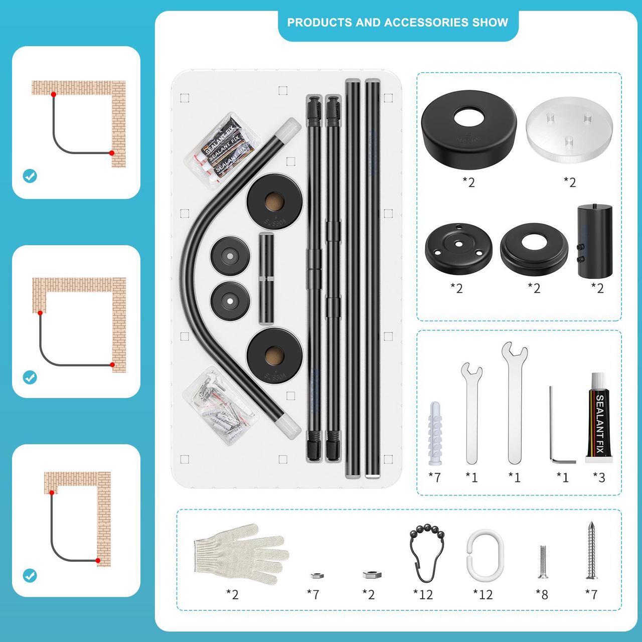 Alt view image 6 of 7 - Misounda Shower Curtain Rod, Adjustable Telescoping 304 Stainless Steel Curved Shower Rod, No drilling Installation, L-Shaped 35.5"-47.2" x 35.5"-47.2" for Bathroom, Tub, Cloakroom- Black