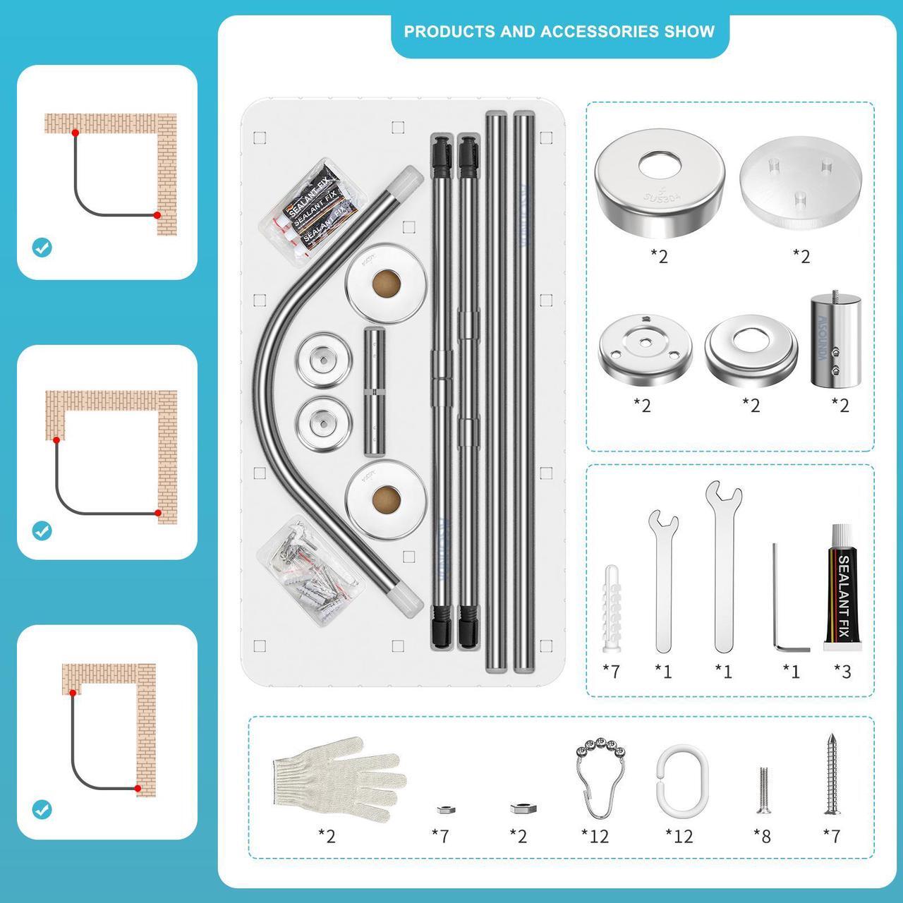 Alt view image 7 of 7 - Misounda Shower Curtain Rod, Adjustable L Shaped Corner Shower Curtain Rods, No Drilling Install Stainless Steel 27.6-39.4x35.5-47.2 Inch With 24 Shower Rings, For Bathroom,Bathtub,Clothing Store Etc
