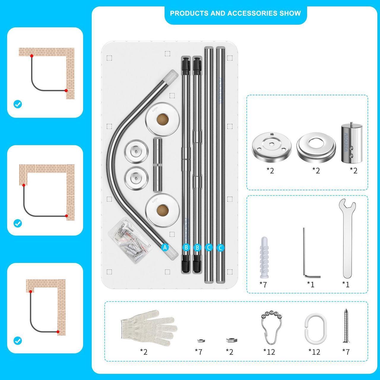 Alt view image 7 of 7 - Misounda Shower Curtain Rod,Stainless Steel Retractable Shower Rod, Drilling Install, For Bathroom, Bathtub, Cloakroom, Dressing Room,Etc. (L Shape, 35.5-47 x 43.3-66 Inch)