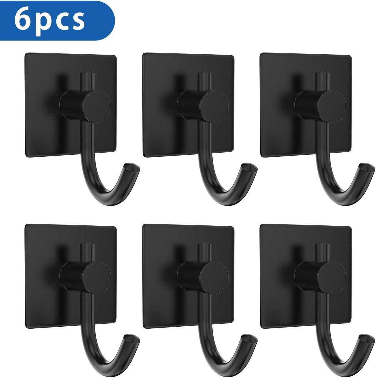 Main image of Misounda Adhesive Wall Hooks 6 Pack Towel Hook Robe Hooks Adhesive Hooks Heavy Duty Wall Hooks for Hanging Coat, Towel, Key,Towels, Bag, Hat Stick on Bathroom Kitchen Livingroom Door Bedroom (Black)