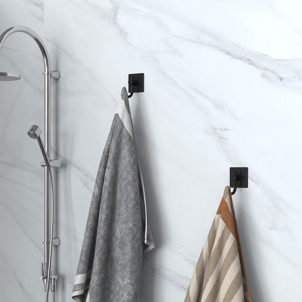 Alt view image 7 of 7 - Misounda Adhesive Wall Hooks 6 Pack Towel Hook Robe Hooks Adhesive Hooks Heavy Duty Wall Hooks for Hanging Coat, Towel, Key,Towels, Bag, Hat Stick on Bathroom Kitchen Livingroom Door Bedroom (Black)