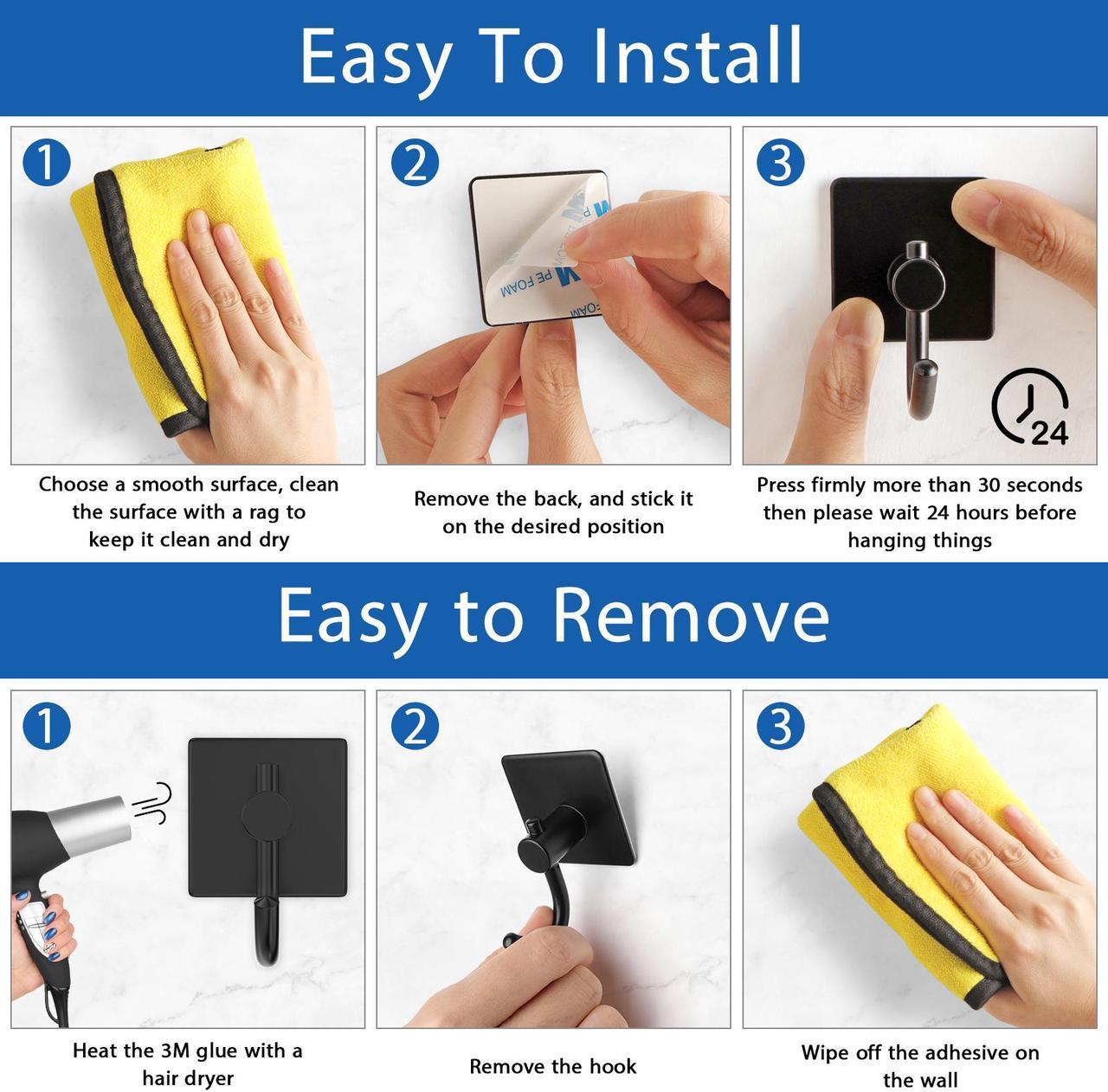 Alt view image 3 of 7 - Misounda Adhesive Wall Hooks 6 Pack Towel Hook Robe Hooks Adhesive Hooks Heavy Duty Wall Hooks for Hanging Coat, Towel, Key,Towels, Bag, Hat Stick on Bathroom Kitchen Livingroom Door Bedroom (Black)