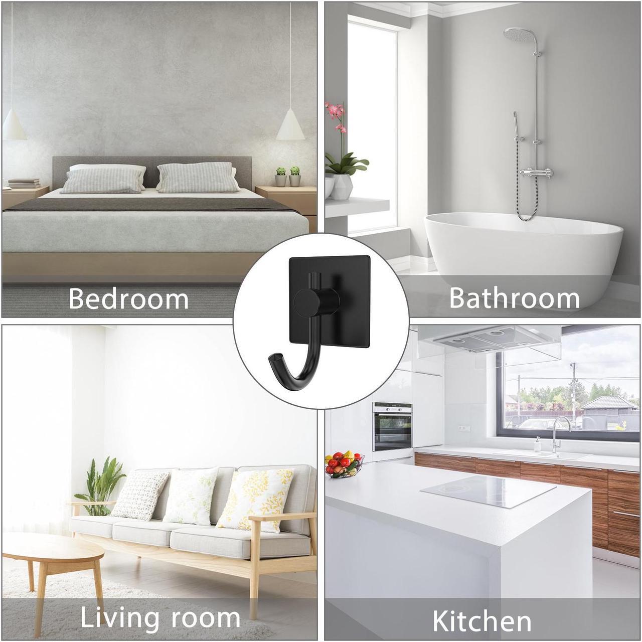 Alt view image 5 of 7 - Misounda Adhesive Wall Hooks 6 Pack Towel Hook Robe Hooks Adhesive Hooks Heavy Duty Wall Hooks for Hanging Coat, Towel, Key,Towels, Bag, Hat Stick on Bathroom Kitchen Livingroom Door Bedroom (Black)