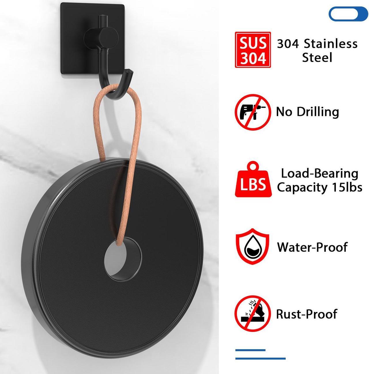 Alt view image 4 of 7 - Misounda Adhesive Wall Hooks 6 Pack Towel Hook Robe Hooks Adhesive Hooks Heavy Duty Wall Hooks for Hanging Coat, Towel, Key,Towels, Bag, Hat Stick on Bathroom Kitchen Livingroom Door Bedroom (Black)
