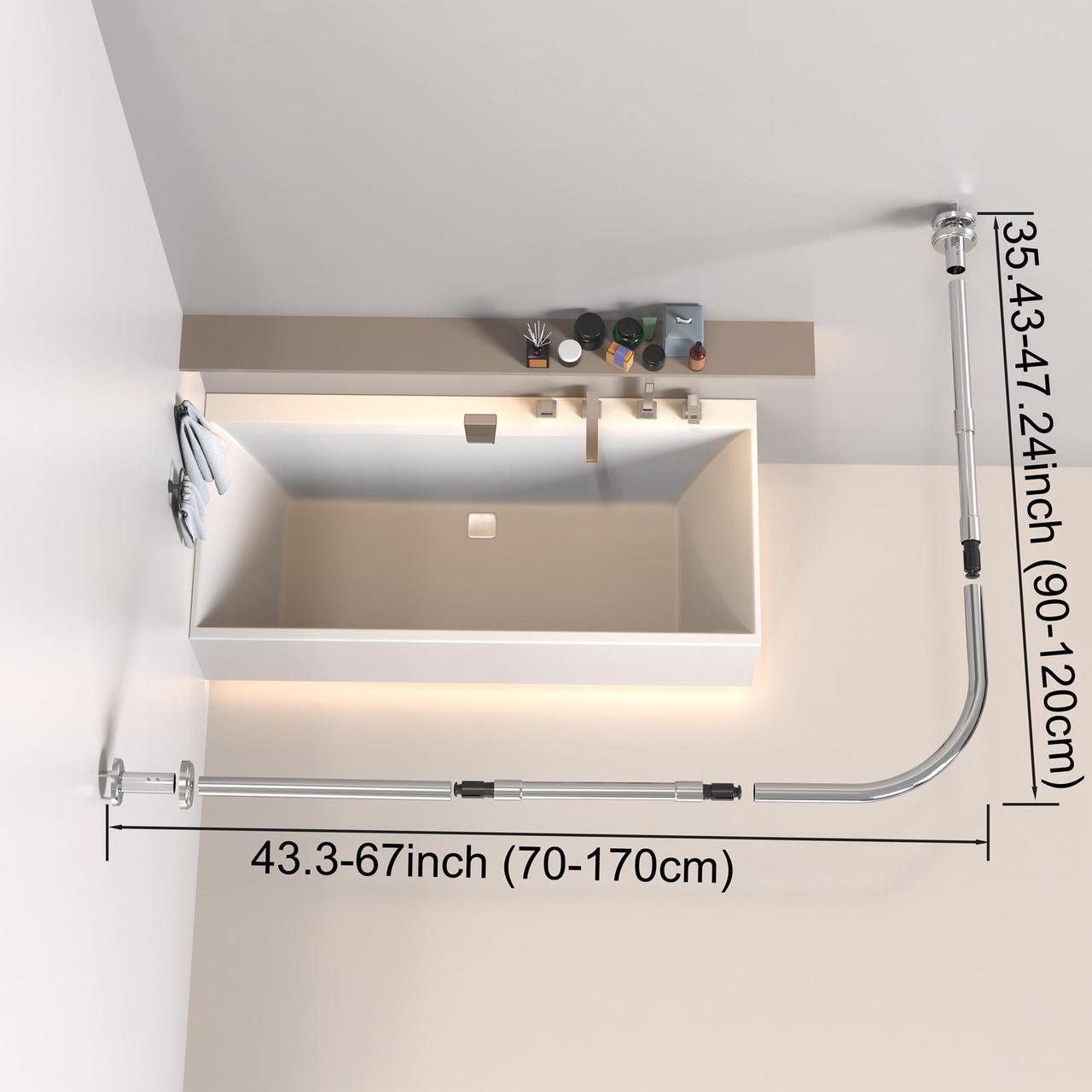 Alt view image 3 of 7 - Misounda Shower Curtain Rod,Stainless Steel Retractable Shower Rod, Drilling Install, For Bathroom, Bathtub, Cloakroom, Dressing Room,Etc. (L Shape, 35.5-47 x 43.3-66 Inch)