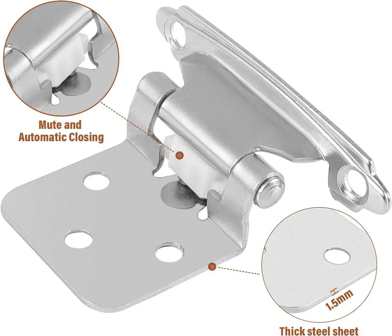 Alt view image 2 of 6 - Cabinet Hinges, 16 Pack 8 Pairs 1/2inch Overlay Cabinet Door Hinges Brushed Nickel Semi-Concealed Self-Closing Hinges for Home Hotel School RV Cabinet Kitchen Cabinets Shoe Cabinets Bathroom Cabinet
