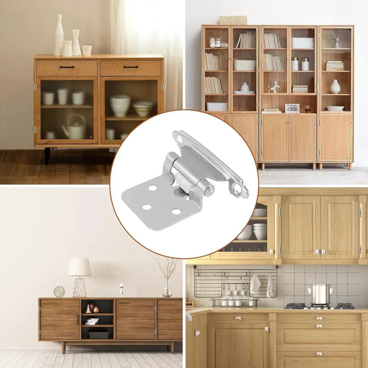 Alt view image 5 of 6 - Cabinet Hinges, 16 Pack 8 Pairs 1/2inch Overlay Cabinet Door Hinges Brushed Nickel Semi-Concealed Self-Closing Hinges for Home Hotel School RV Cabinet Kitchen Cabinets Shoe Cabinets Bathroom Cabinet
