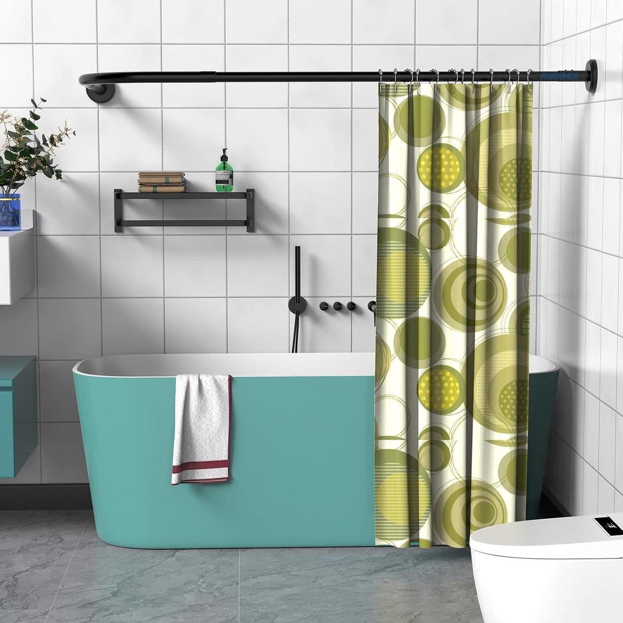 Main image of Misounda Corner Shower Curtain Rod Adjustable Curved Shower Rods Drilling Install 304 Stainless Steel With 24 Rings, For Bathroom,Bathtub,Fitting Room ( L Shaped 27.6-39.4×43.3-67 inch )Black