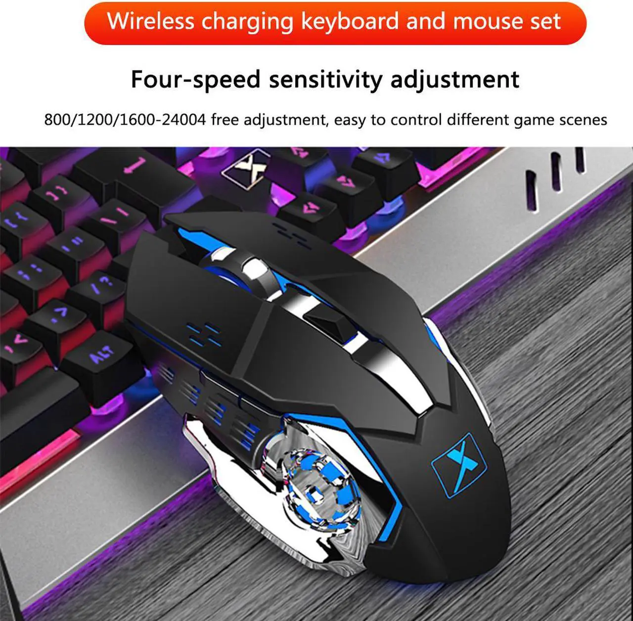 Alt view image 5 of 7 - Wireless Gaming Keyboard and Mouse with Rainbow Backlit Rechargeable Metal Panel Mechanical Feel Ergonomic Keyboard and Mouse for Laptop PC Gamer