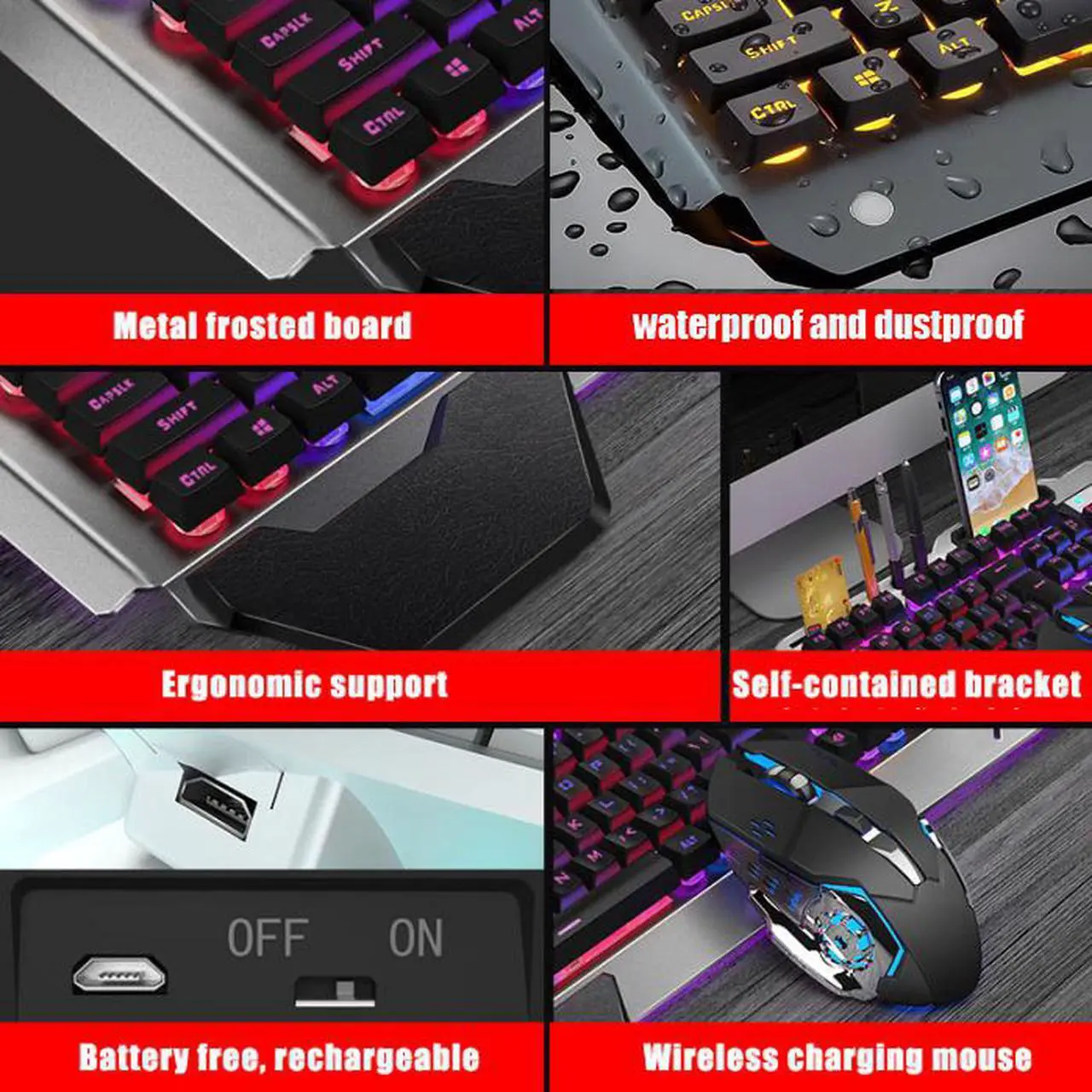 Alt view image 6 of 7 - Wireless Gaming Keyboard Mouse and Bluetooth Headset Kit, Rainbow Backlit Rechargeable Ergonomic Metal Mechanical Feel Keyboard with Removable Palm Rest for Laptop PC Gamer