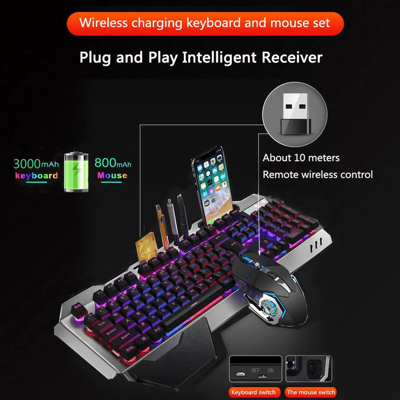 Alt view image 4 of 7 - Wireless Gaming Keyboard Mouse and Bluetooth Headset Kit, Rainbow Backlit Rechargeable Ergonomic Metal Mechanical Feel Keyboard with Removable Palm Rest for Laptop PC Gamer