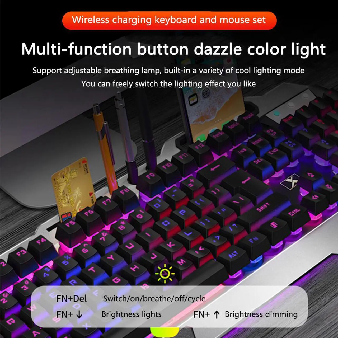 Alt view image 3 of 7 - Wireless Gaming Keyboard Mouse and Bluetooth Headset Kit, Rainbow Backlit Rechargeable Ergonomic Metal Mechanical Feel Keyboard with Removable Palm Rest for Laptop PC Gamer