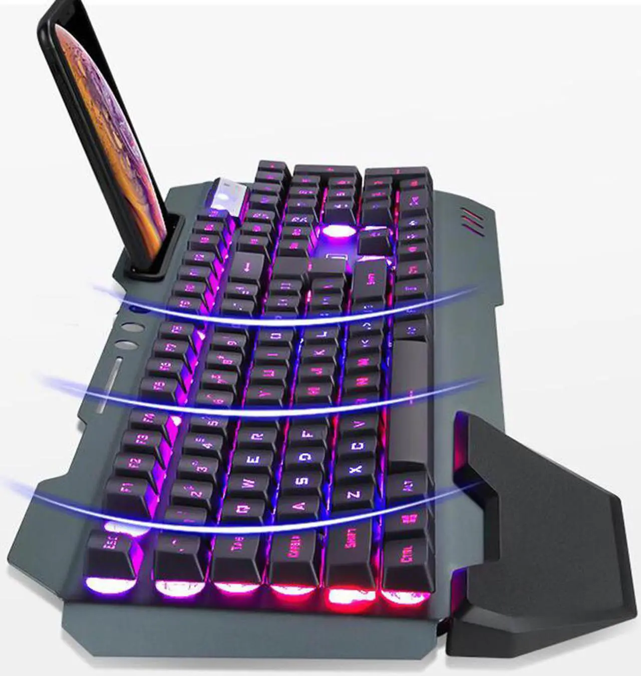 Alt view image 2 of 7 - Wireless Gaming Keyboard Mouse and Bluetooth Headset Kit, Rainbow Backlit Rechargeable Ergonomic Metal Mechanical Feel Keyboard with Removable Palm Rest for Laptop PC Gamer