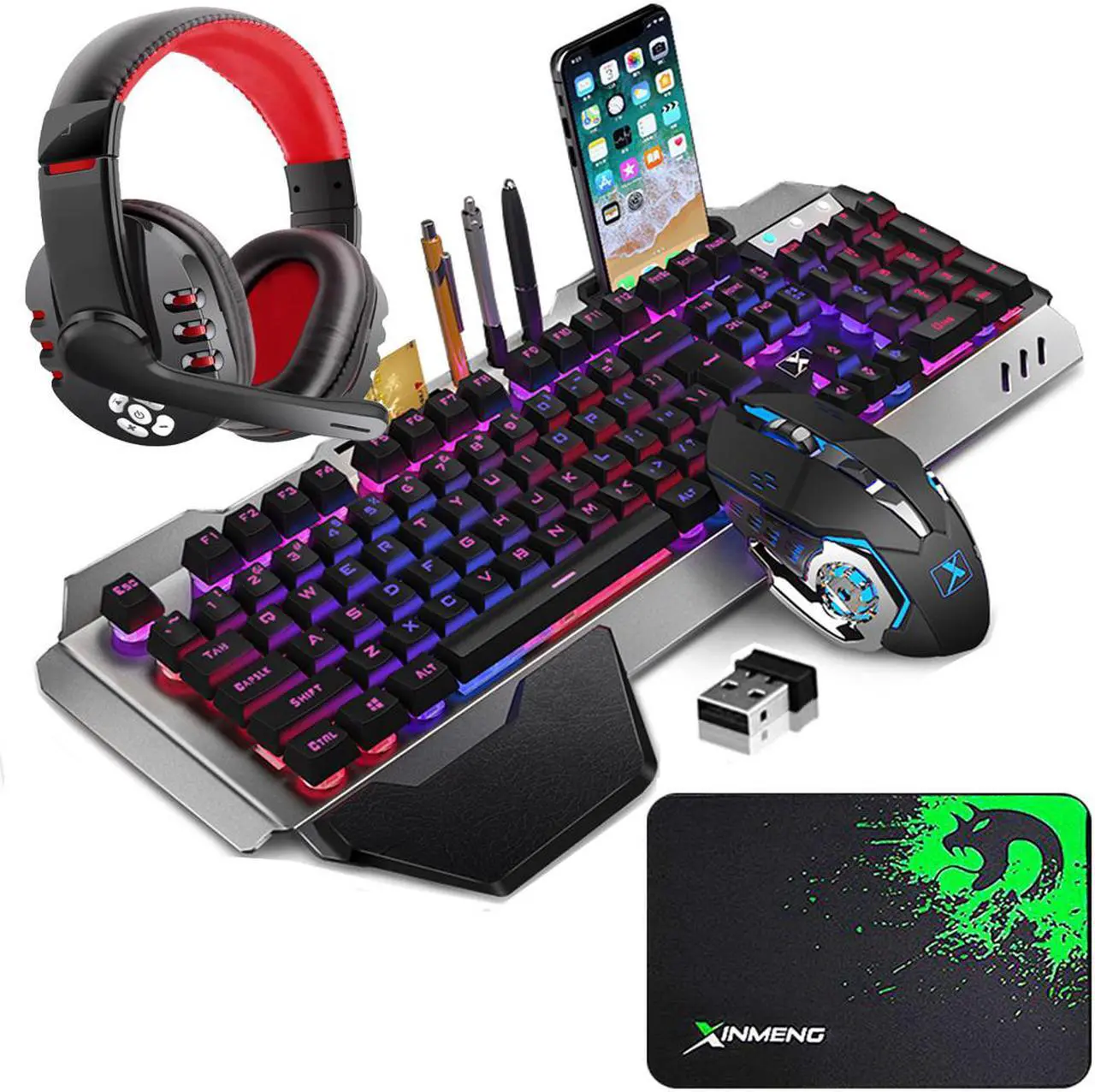 Main image of Wireless Gaming Keyboard Mouse and Bluetooth Headset Kit, Rainbow Backlit Rechargeable Ergonomic Metal Mechanical Feel Keyboard with Removable Palm Rest for Laptop PC Gamer