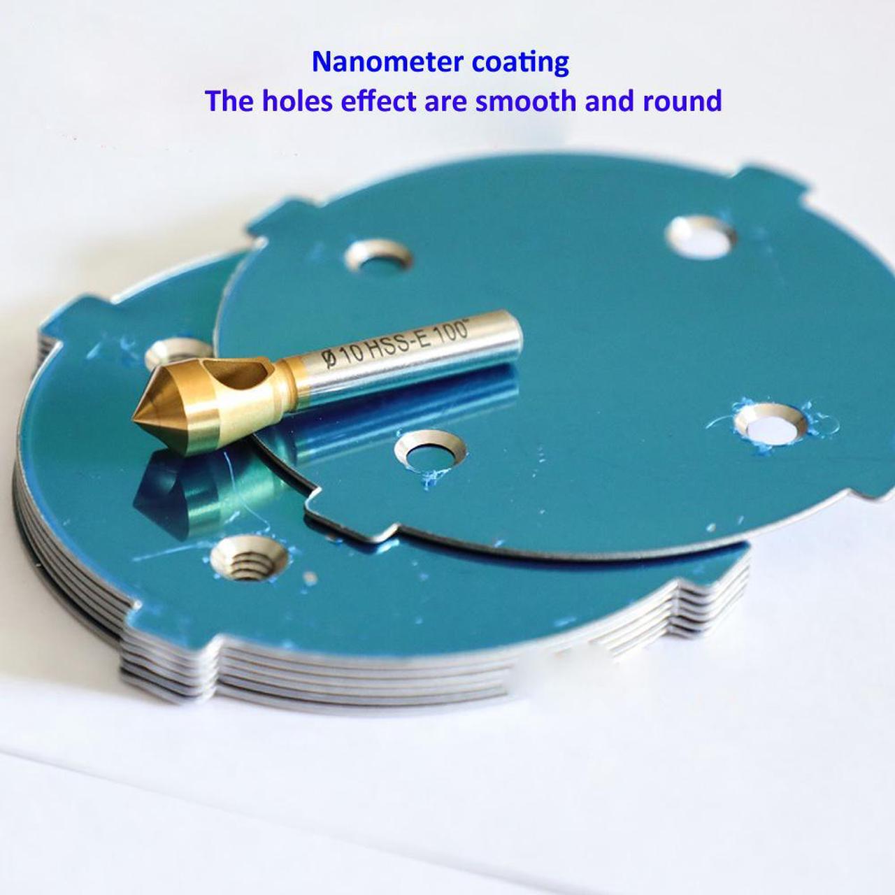 Alt view image 4 of 7 - Cobalt countersink chamfering tool, HSS-E material, Nanometer Titanium coated, durable high hardness, self centering 90 degree head diameter 8mm