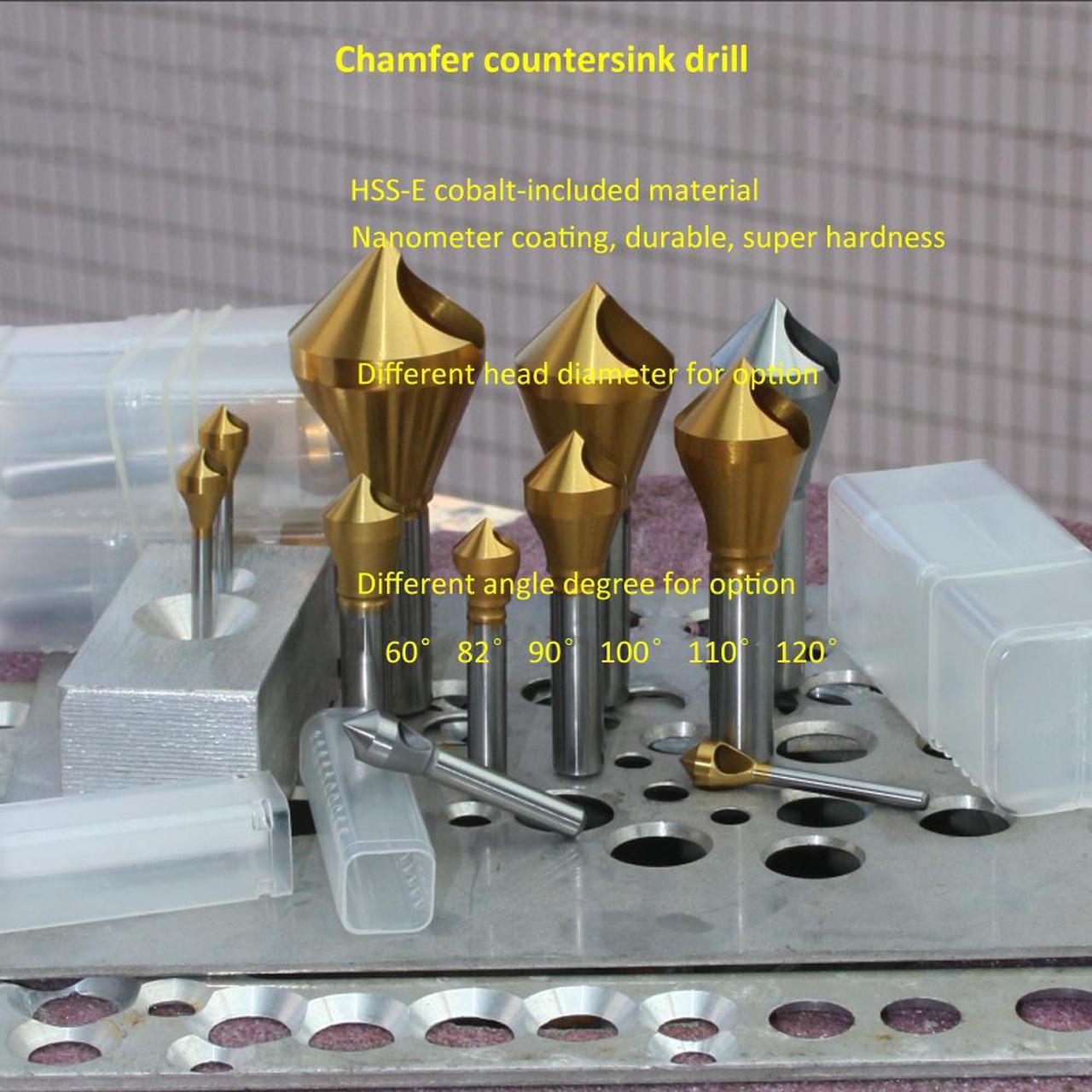 Alt view image 6 of 7 - Cobalt countersink chamfering tool, HSS-E material, Nanometer Titanium coated, durable high hardness, self centering 90 degree head diameter 8mm