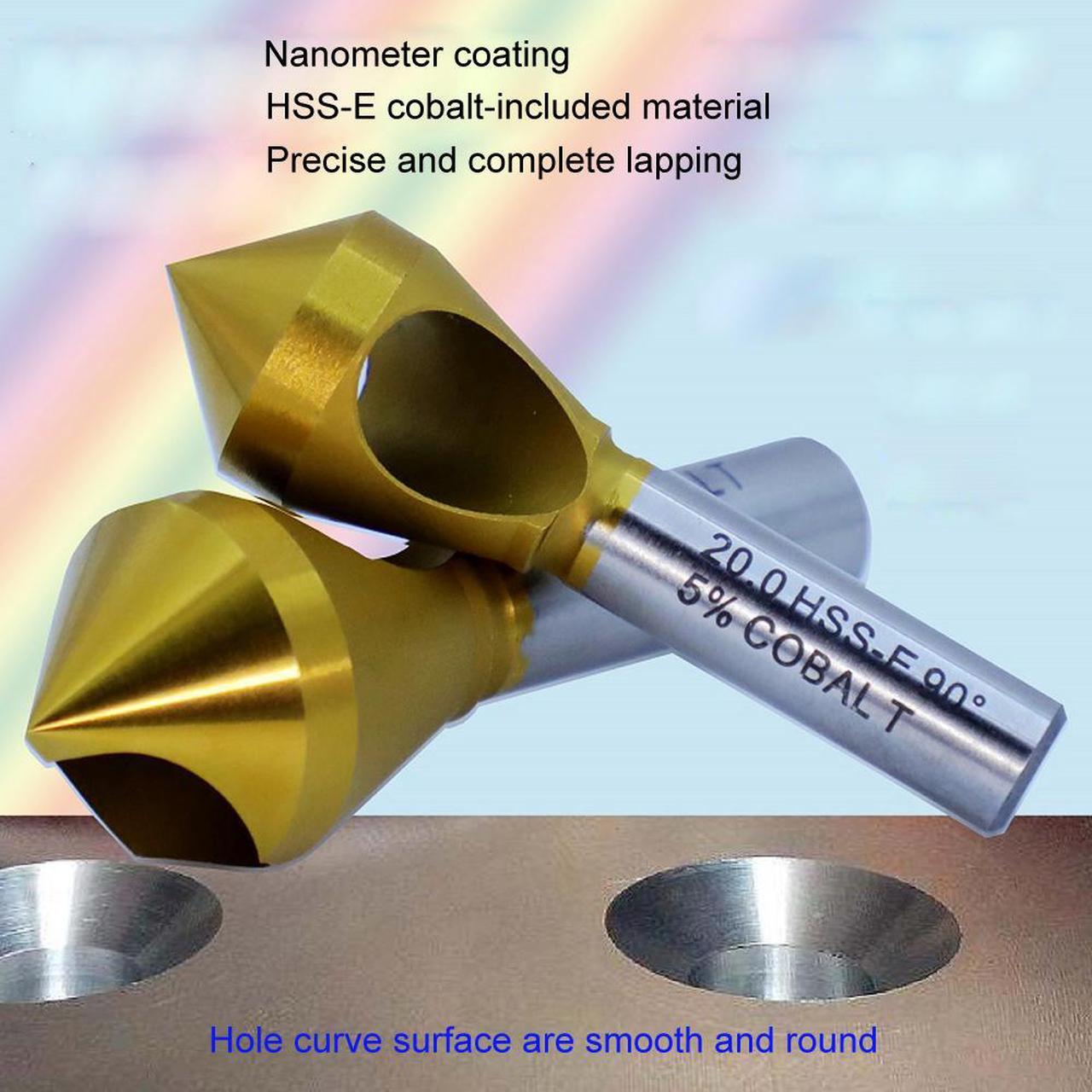Alt view image 3 of 7 - Cobalt countersink chamfering tool, HSS-E material, Nanometer Titanium coated, durable high hardness, self centering 90 degree head diameter 8mm