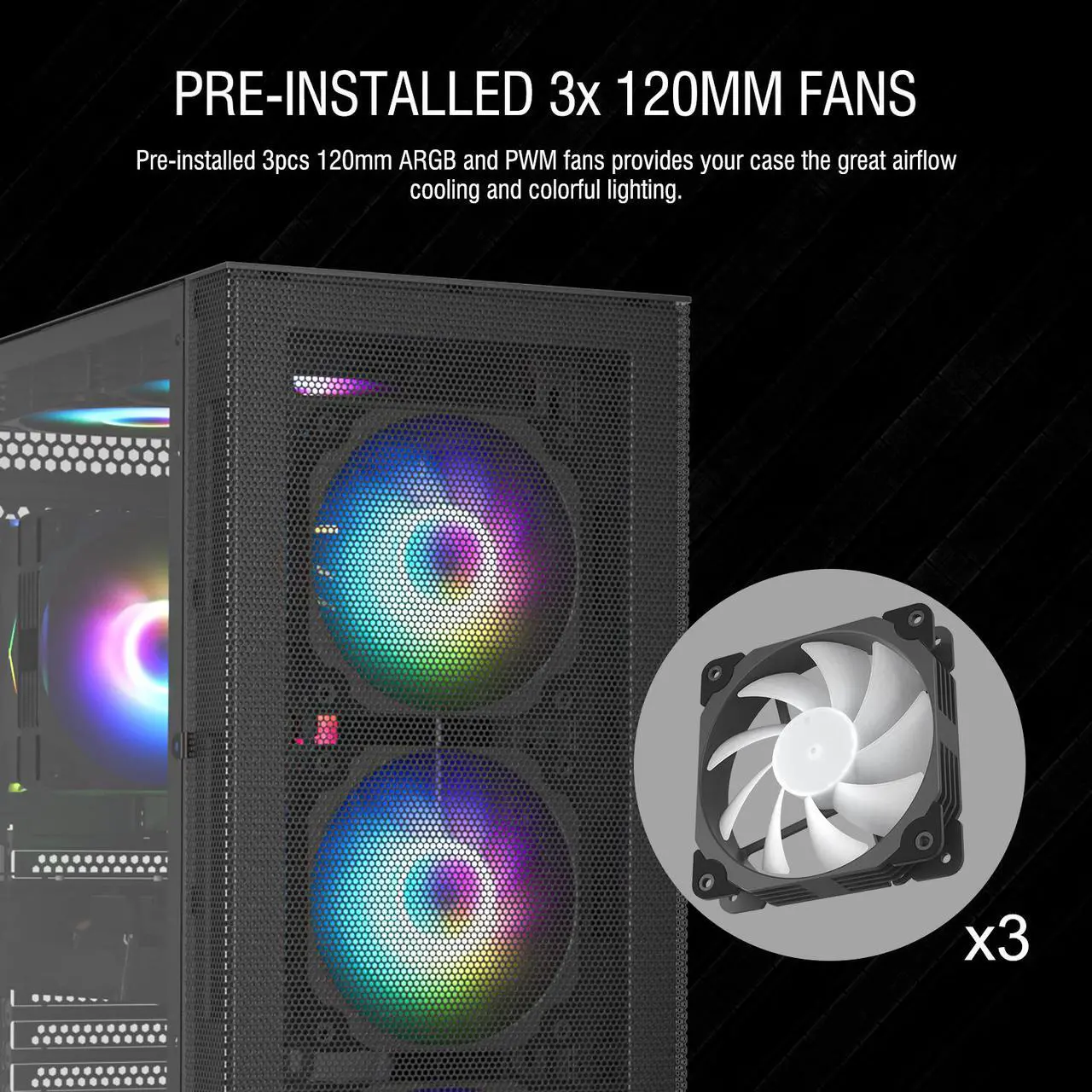 Alt view image 3 of 7 - Vetroo A03 ATX Mid-Tower PC Gaming Case Pre-installed 3pcs ARGB PWM Fans w/ Controller, Door Opening Hinged Tempered Glass Side Panel, High Airflow Mesh Front and Dust Filter-Black