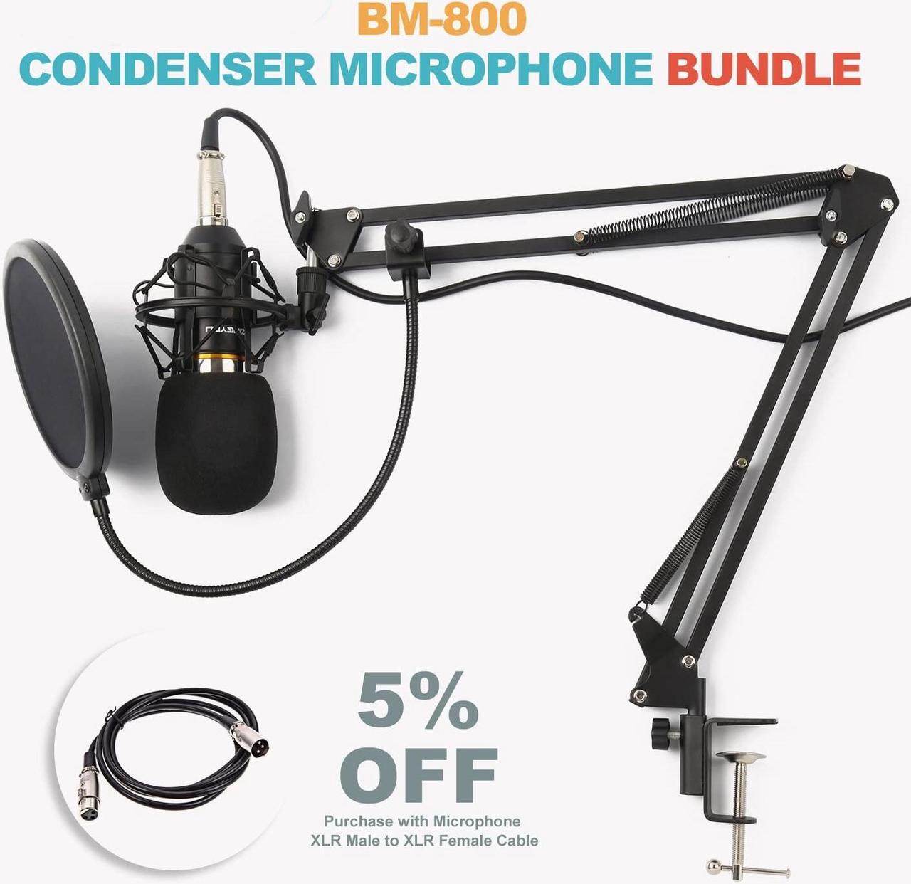 Alt view image 6 of 6 - Condenser Microphone Bundle, BM-800 Mic Kit with Adjustable Mic Suspension Scissor Arm, Metal Shock Mount and Double-Layer Pop Filter for Studio Recording & Broadcasting (Silver)