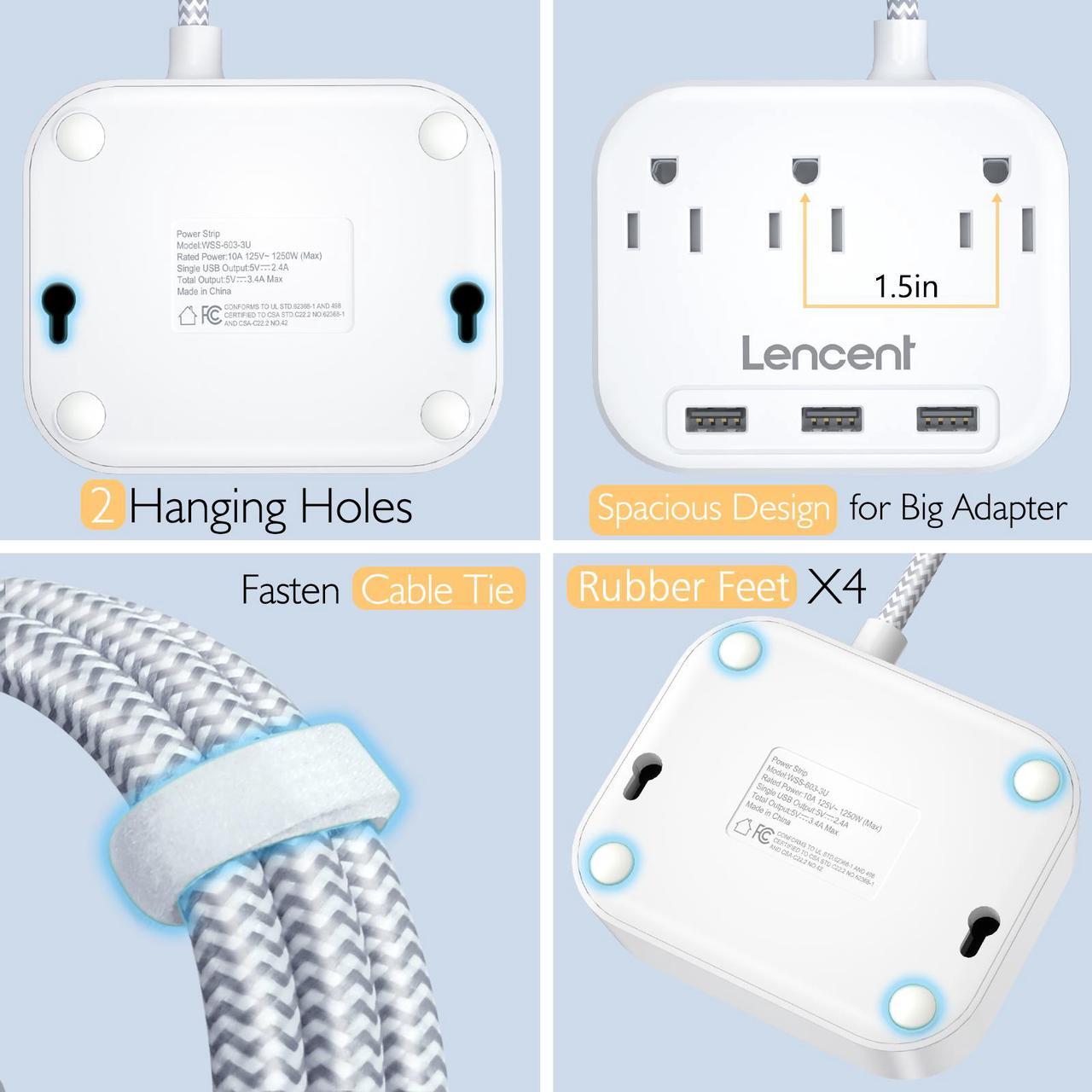Alt view image 7 of 7 - LENCENT 2 Prong Power Strip, 3 Prong to 2 Prong Outlet Adapter, 6.6ft Braided Extension Cord with Polarized Plug, 3 AC Outlets & 3 USB(5V 3.4A Max), Wall Mountable, Ideal for Non-Grounded Outlets