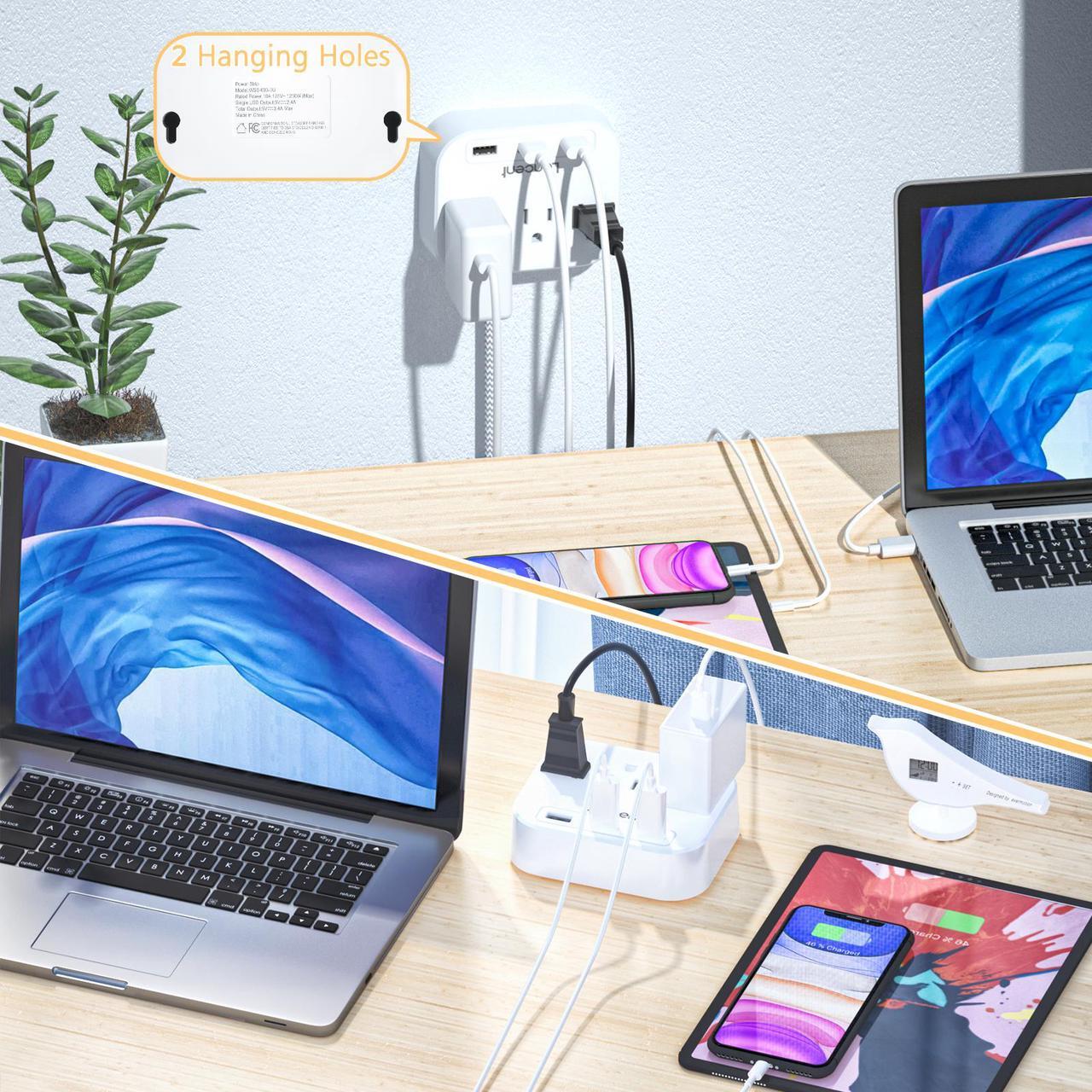 Alt view image 8 of 7 - LENCENT 2 Prong Power Strip, 3 Prong to 2 Prong Outlet Adapter, 6.6ft Braided Extension Cord with Polarized Plug, 3 AC Outlets & 3 USB(5V 3.4A Max), Wall Mountable, Ideal for Non-Grounded Outlets