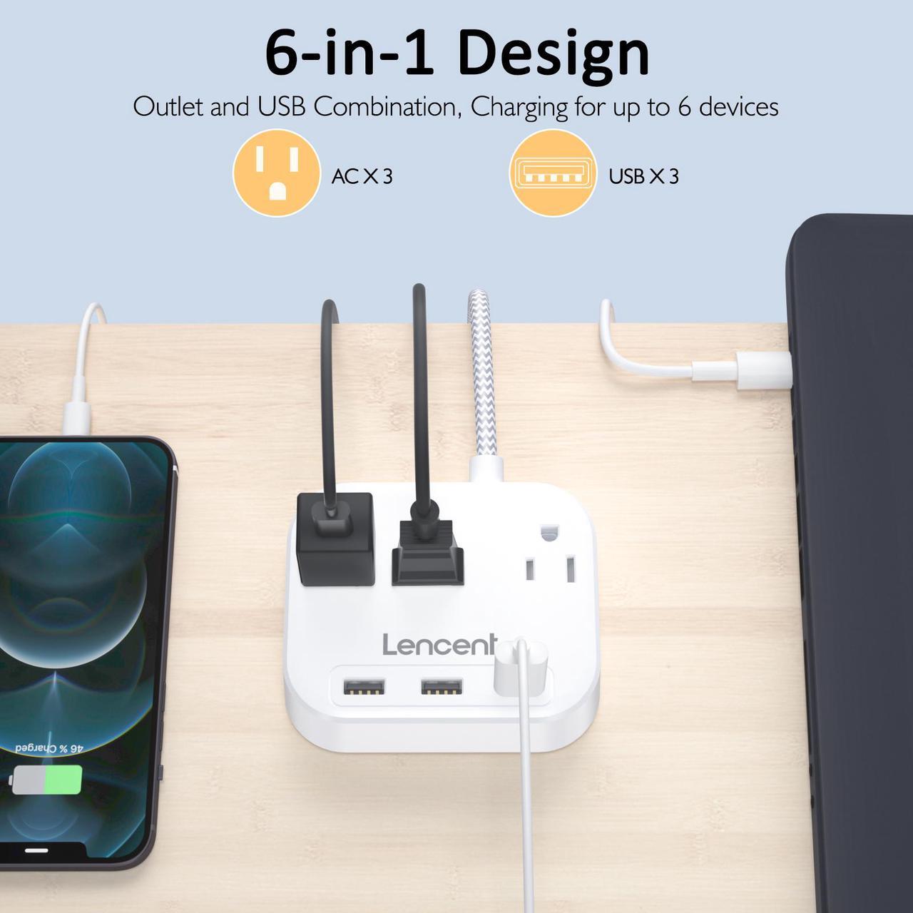 Alt view image 4 of 7 - LENCENT 2 Prong Power Strip, 3 Prong to 2 Prong Outlet Adapter, 6.6ft Braided Extension Cord with Polarized Plug, 3 AC Outlets & 3 USB(5V 3.4A Max), Wall Mountable, Ideal for Non-Grounded Outlets
