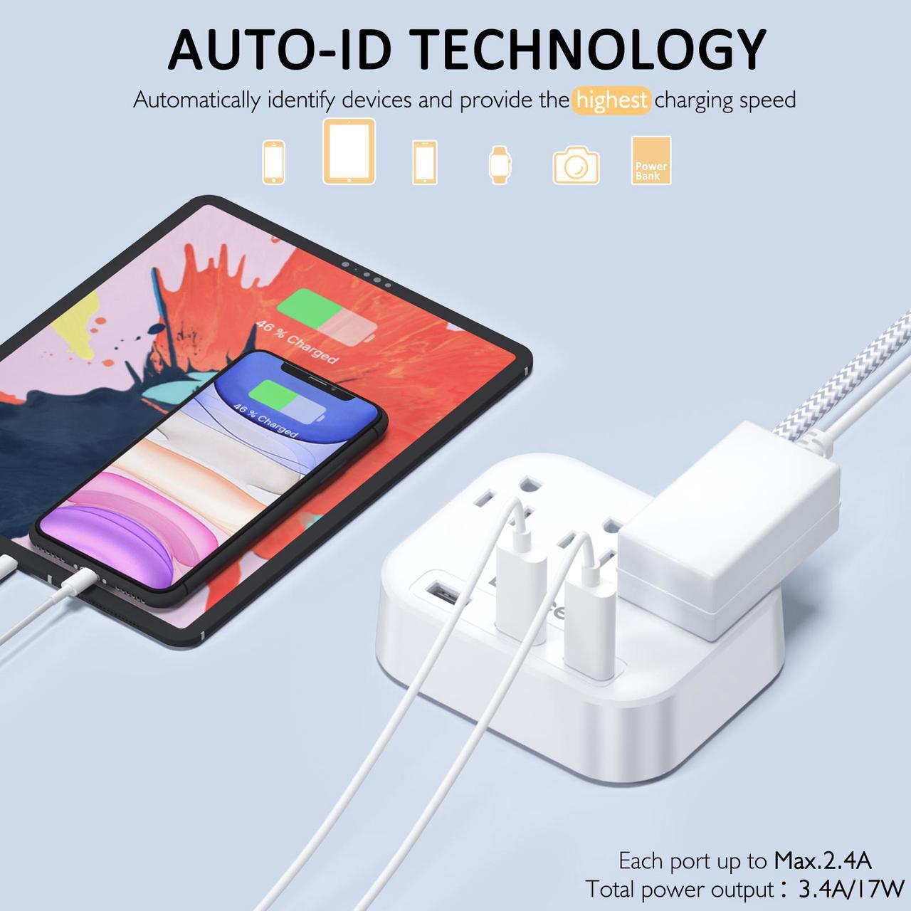 Alt view image 3 of 7 - LENCENT 2 Prong Power Strip, 3 Prong to 2 Prong Outlet Adapter, 6.6ft Braided Extension Cord with Polarized Plug, 3 AC Outlets & 3 USB(5V 3.4A Max), Wall Mountable, Ideal for Non-Grounded Outlets