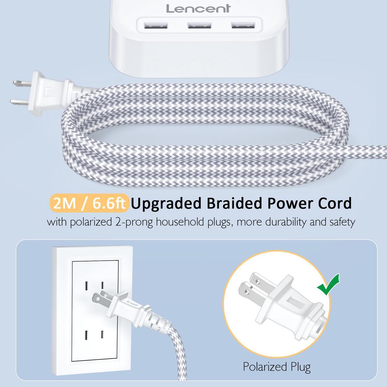 Alt view image 5 of 7 - LENCENT 2 Prong Power Strip, 3 Prong to 2 Prong Outlet Adapter, 6.6ft Braided Extension Cord with Polarized Plug, 3 AC Outlets & 3 USB(5V 3.4A Max), Wall Mountable, Ideal for Non-Grounded Outlets