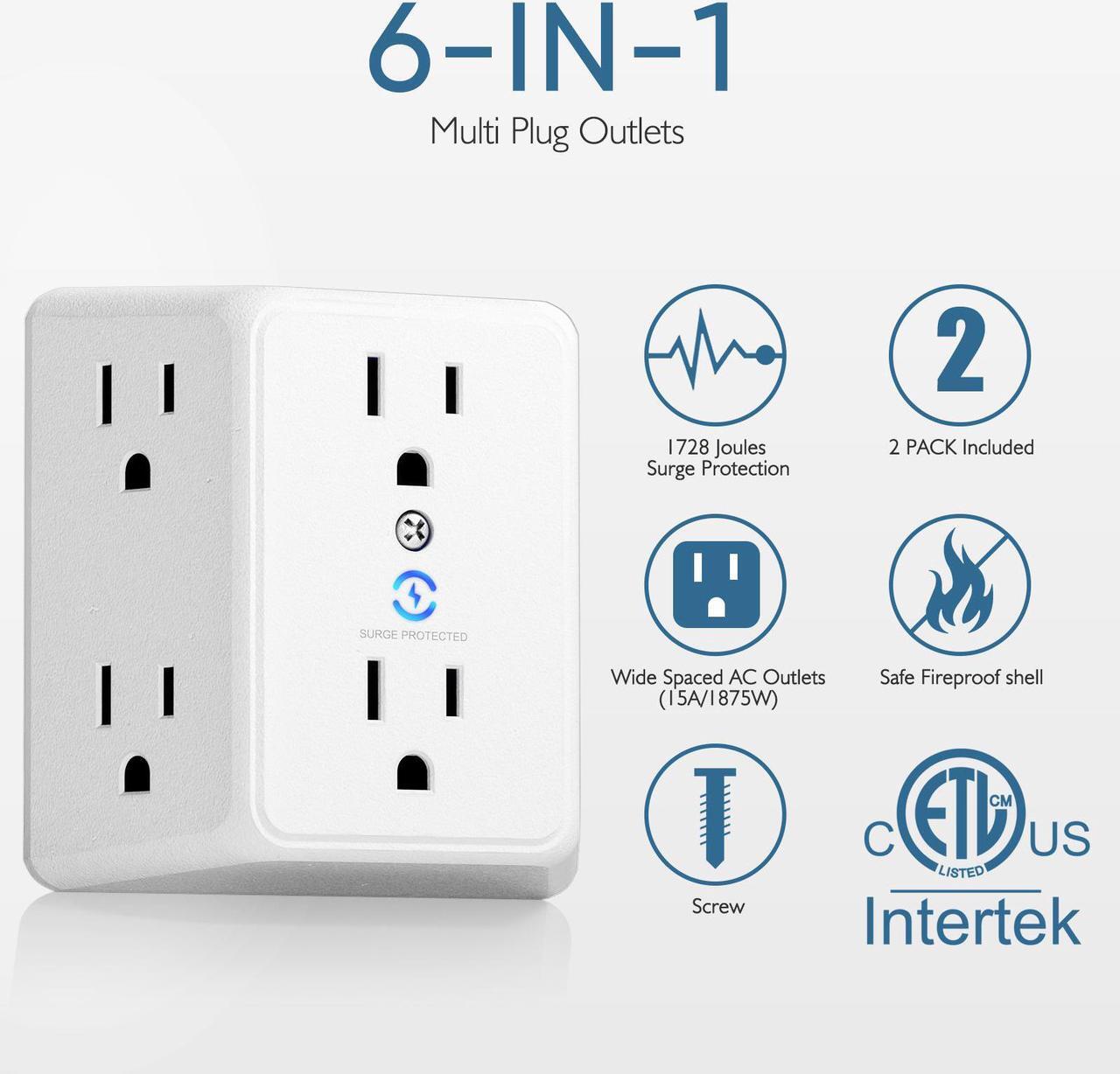 Alt view image 2 of 7 - LENCENT Multi Plug 6 Outlet Extender, 2 Pack Surge Protector Wall tap, Power Strip 3-Side Widely Spaced Adapter Multiple Charger Expander, Mountable Wall Splitter for Home Travel Office, ETL Listed