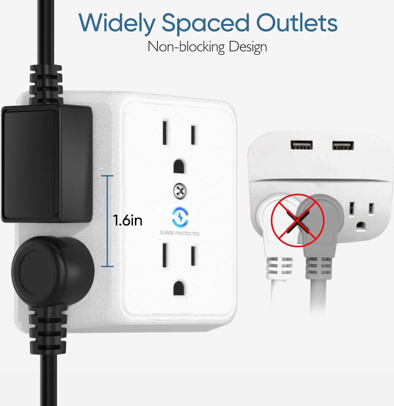 Alt view image 3 of 7 - LENCENT Multi Plug 6 Outlet Extender, 2 Pack Surge Protector Wall tap, Power Strip 3-Side Widely Spaced Adapter Multiple Charger Expander, Mountable Wall Splitter for Home Travel Office, ETL Listed