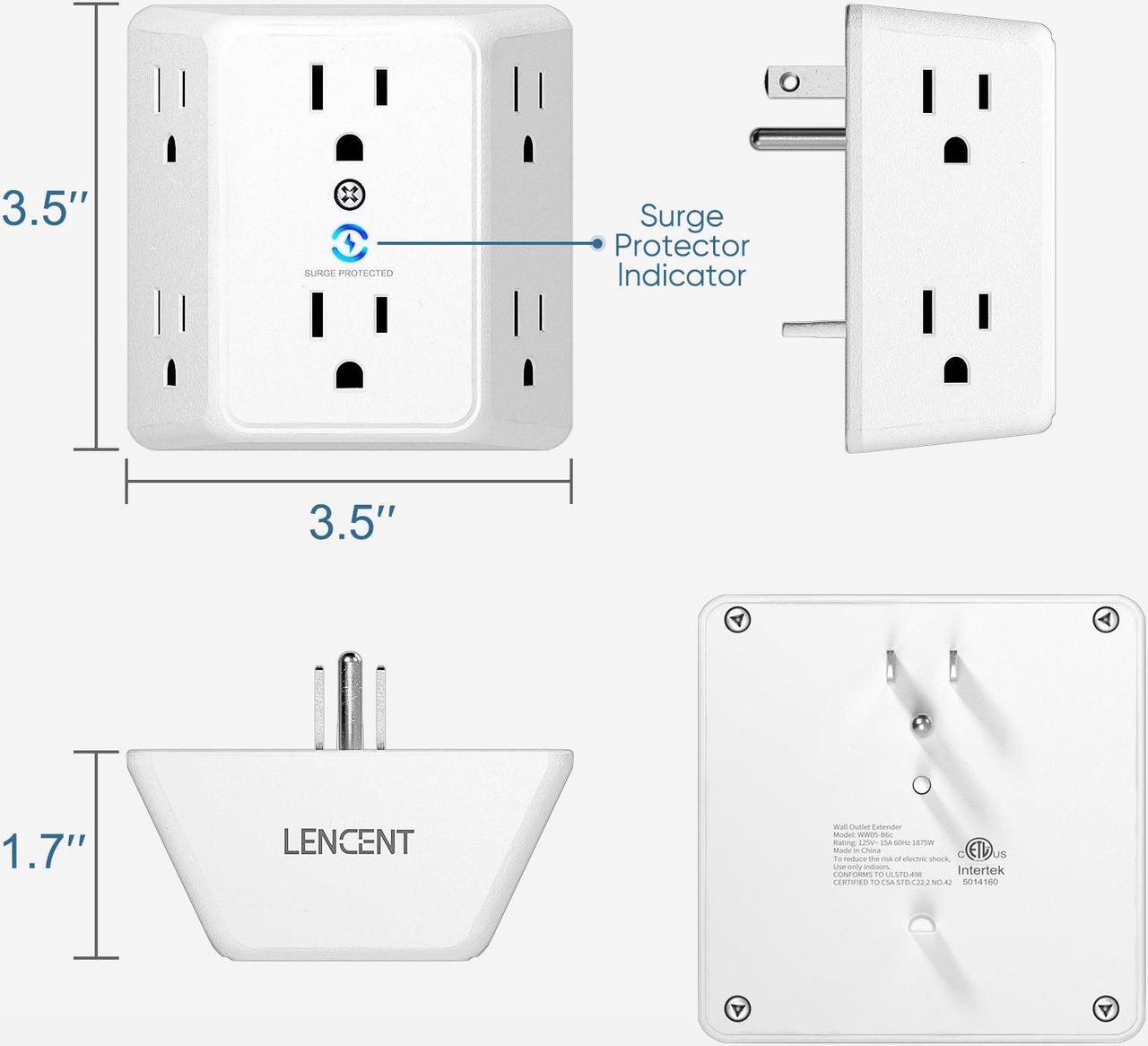 Alt view image 6 of 7 - LENCENT Multi Plug 6 Outlet Extender, 2 Pack Surge Protector Wall tap, Power Strip 3-Side Widely Spaced Adapter Multiple Charger Expander, Mountable Wall Splitter for Home Travel Office, ETL Listed