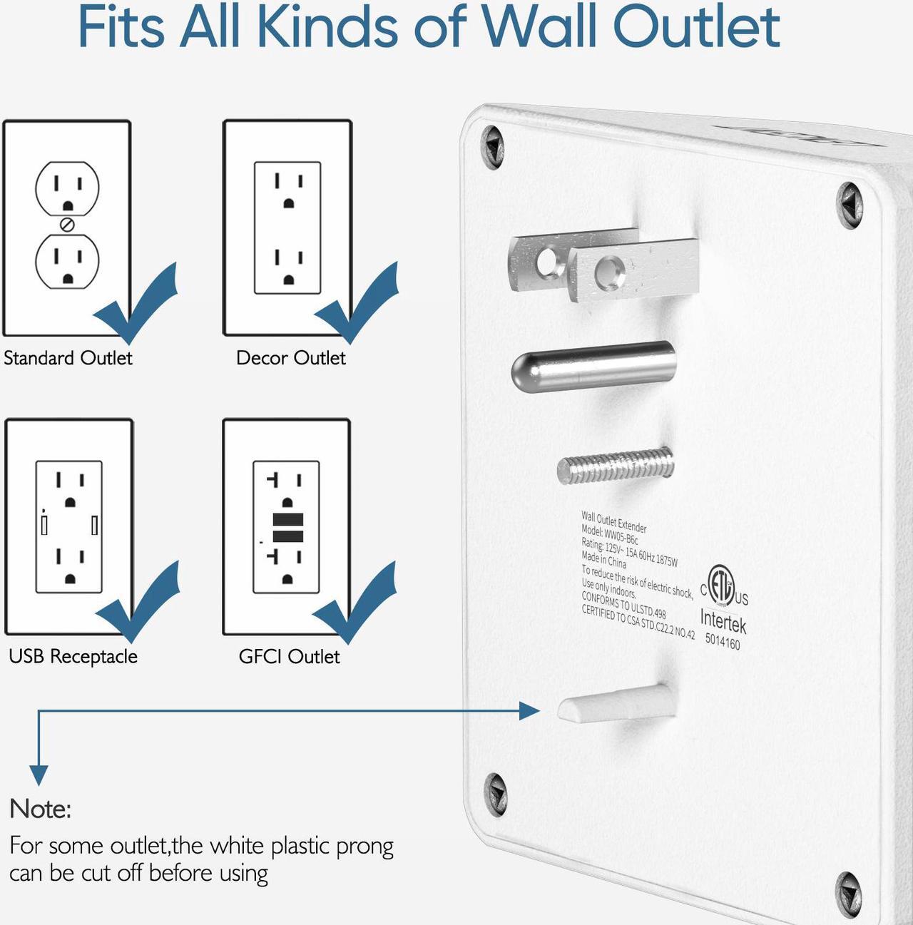 Alt view image 5 of 7 - LENCENT Multi Plug 6 Outlet Extender, 2 Pack Surge Protector Wall tap, Power Strip 3-Side Widely Spaced Adapter Multiple Charger Expander, Mountable Wall Splitter for Home Travel Office, ETL Listed