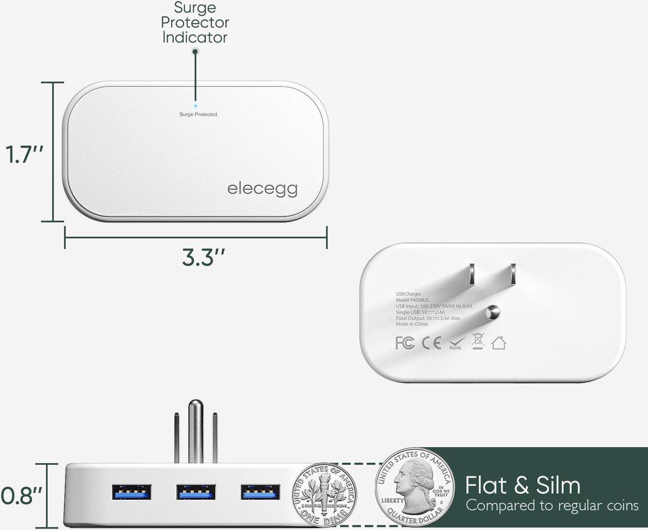 Alt view image 6 of 7 - Slim Flat USB Wall Charger, elecegg Ultra Thin 3 Port Wall Adapter with Smart IC, Low Profile Block Power Cube for iPhone, iPad, iPod, Android, Samsung Galaxy, and More