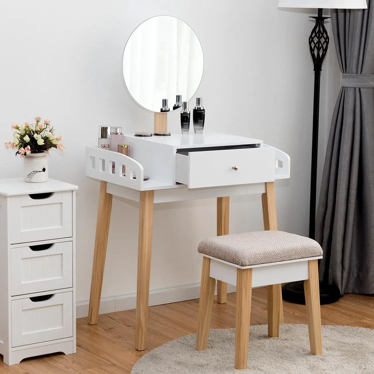 Alt view image 3 of 7 - Costway Wooden Vanity Makeup Dressing Table Stool Round w/Drawer