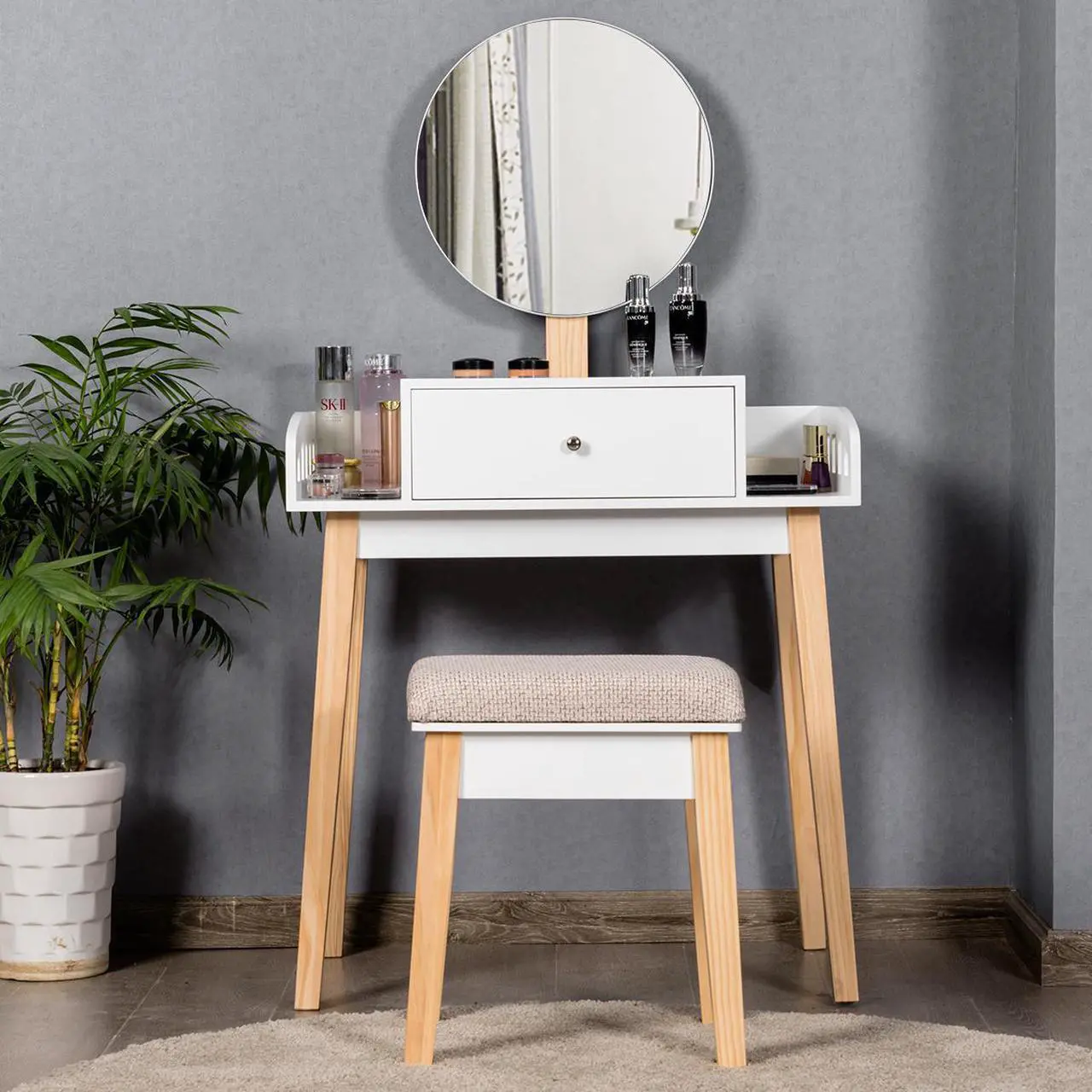 Alt view image 5 of 7 - Costway Wooden Vanity Makeup Dressing Table Stool Round w/Drawer