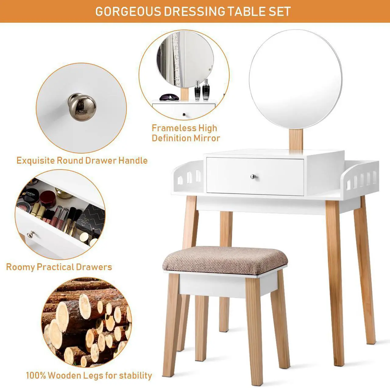 Alt view image 7 of 7 - Costway Wooden Vanity Makeup Dressing Table Stool Round w/Drawer